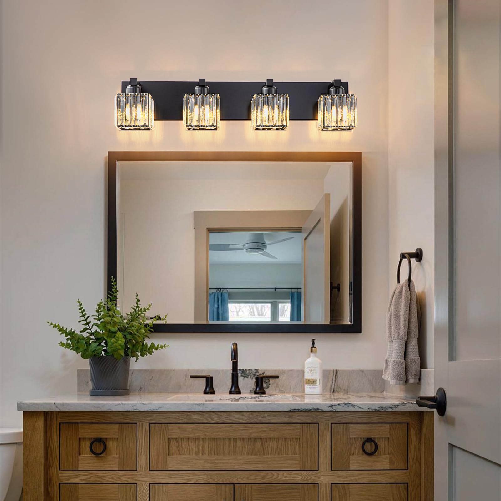 HUOKU Modern Crystal Bathroom Vanity Light Fixture, 4-Lights, Black-Square Shade, Metal and Crystal, Model 98741580-0316-4e46-bc29-8