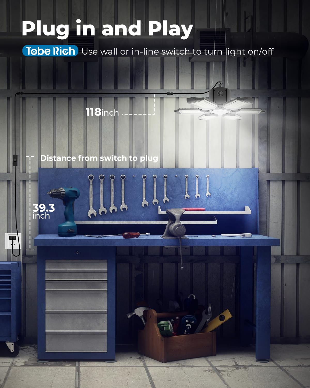 Toberich 2-Pack Plug In Garage Light Motion Activated, Total 40000Lm Pir Motion Shop Light With 3 Switch Modes, 6500K Indoor Mot