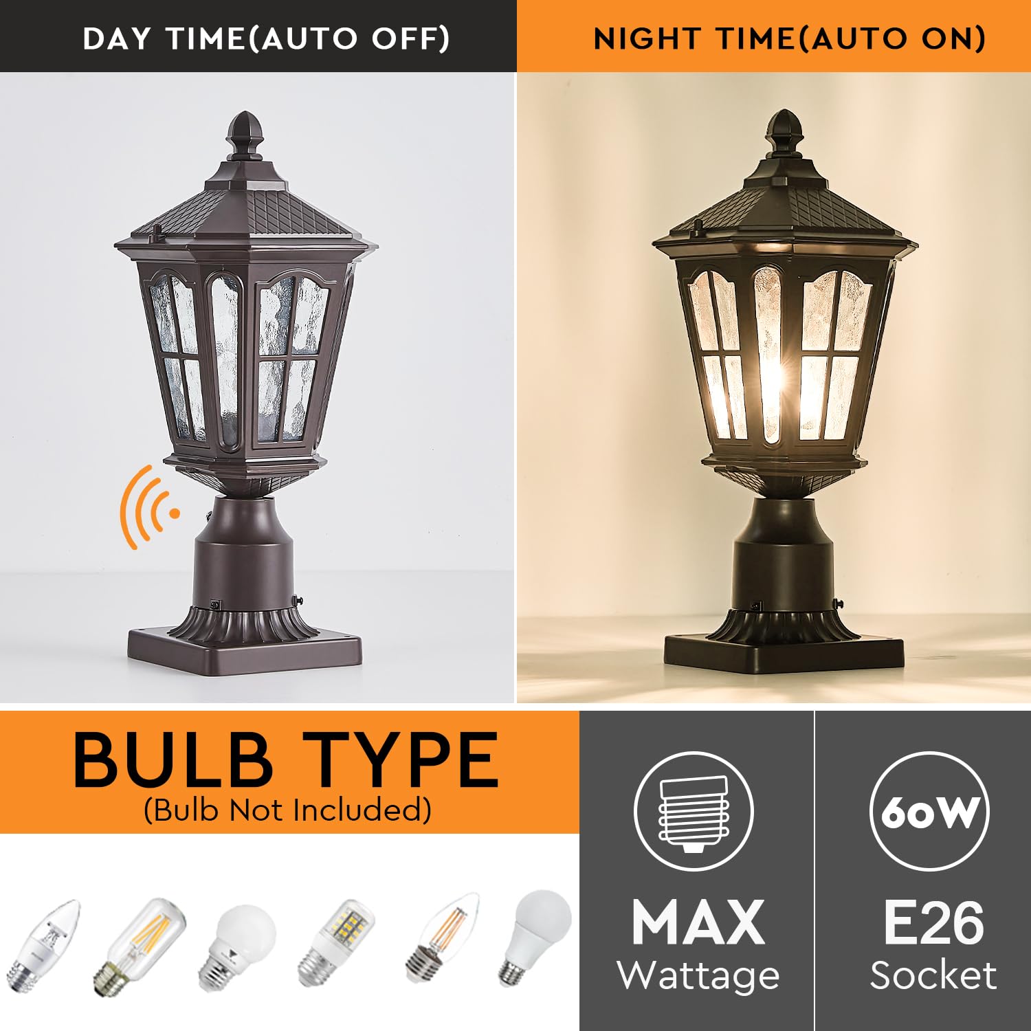 GYDZ Dusk to Dawn Outdoor Post Light, Aluminum Fixture with Water Ripple Glass, Oil Rubbed Bronze, Model B55VBR