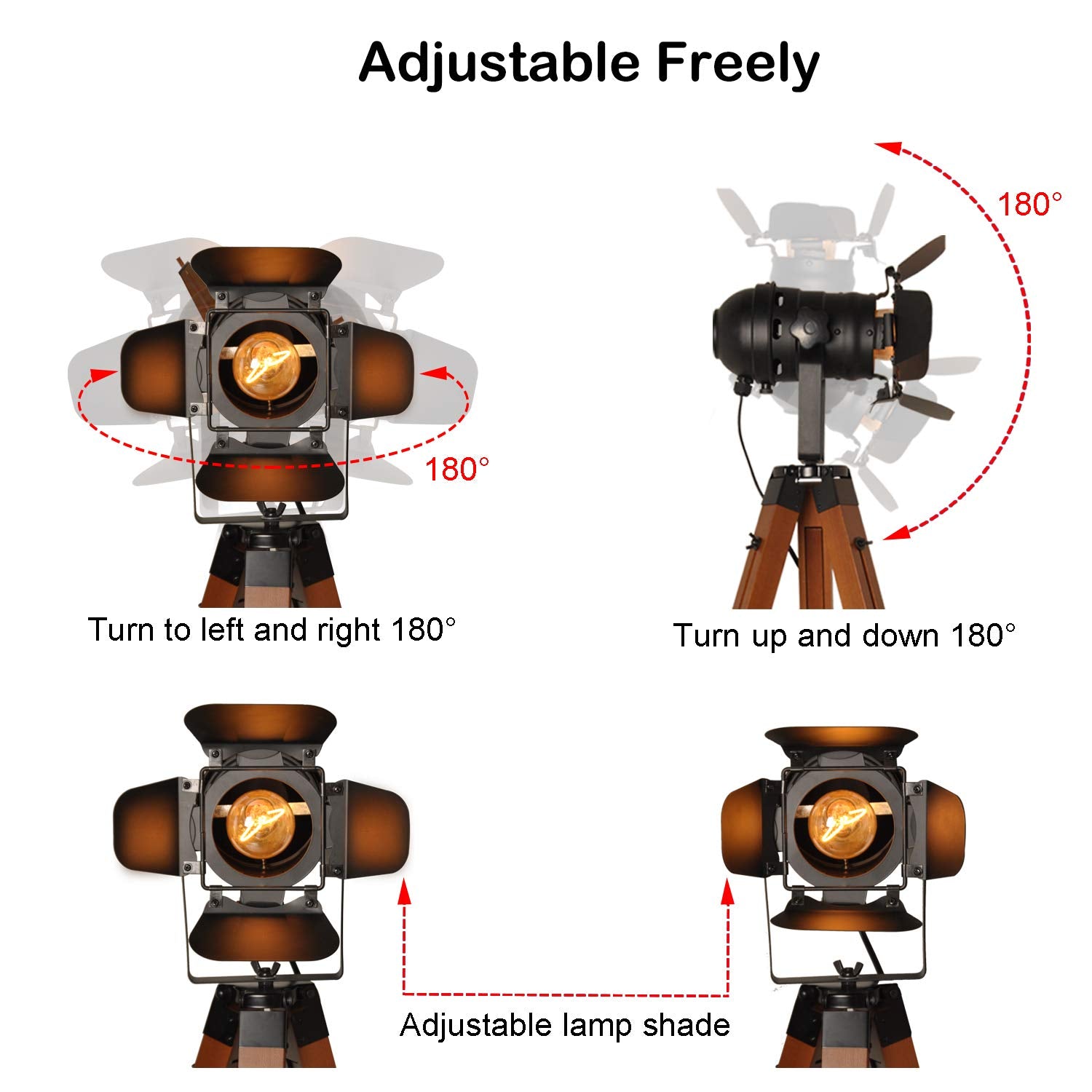 DEC LUCE Decoluce Vintage Tripod Floor Lamp, Adjustable Height, Metal, Black & Brown, Model DL-LIGHT, Retro Cinema Style for Home Decor