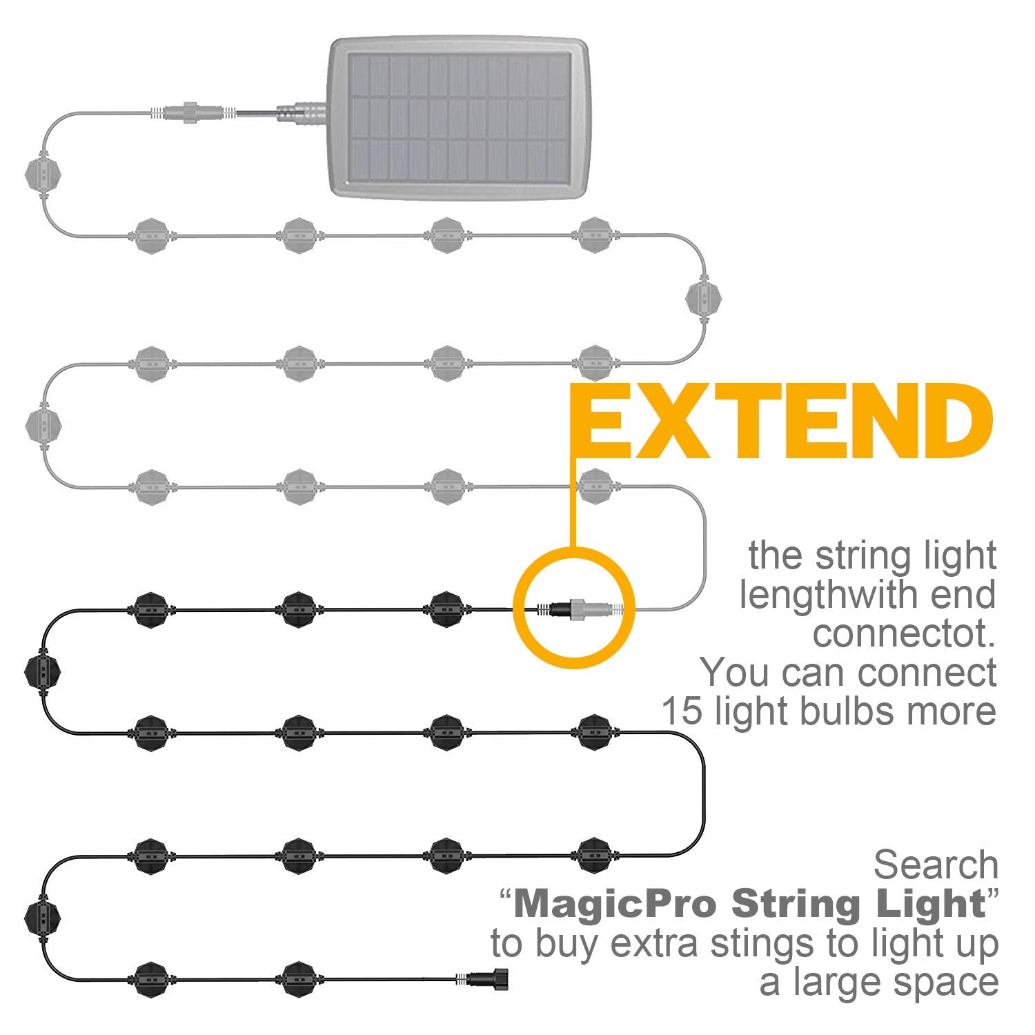 Magicpro Solar String Lights, 15 Led Bulbs Waterproof Heavy Duty Outdoor 44 Ft For Garden Yard Deck Warm White