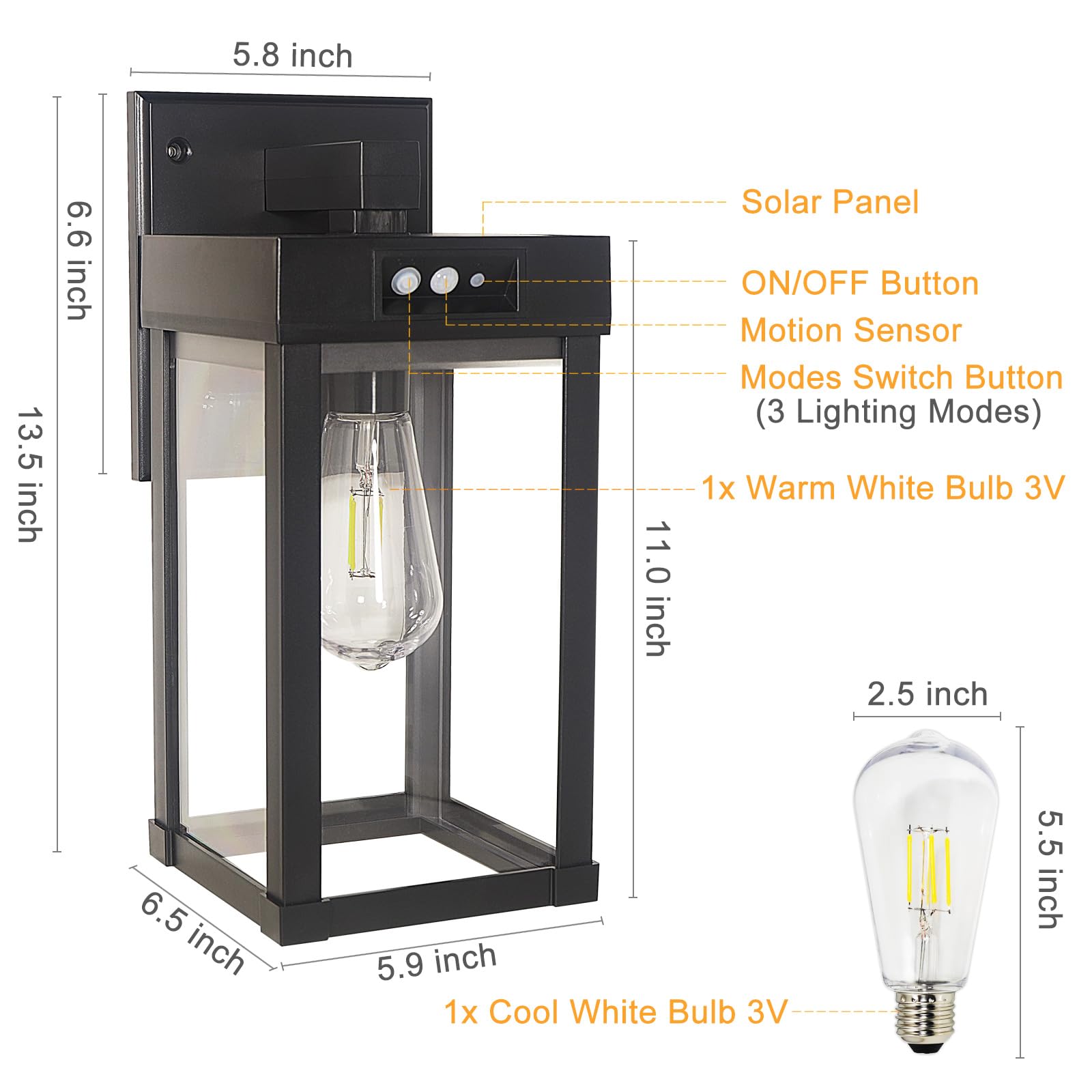 CYHKEE Solar Wall Lights Outdoor, Waterproof, 3 Lighting Modes, Motion Sensor, Black, Model XHY-0025, Ideal for Garage, Patio, Yard, Garden