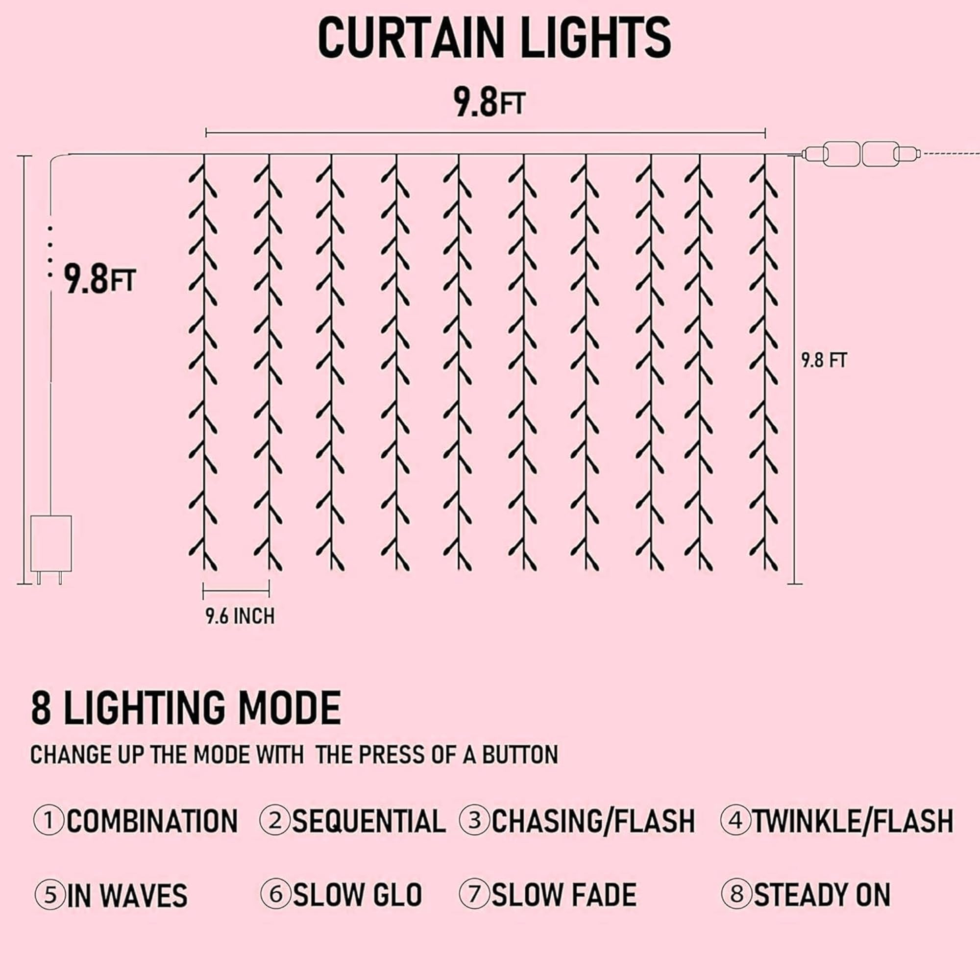 Dazzle Bright 300 LED Pink Curtain String Lights, Waterproof Fairy Lights with 8 Modes for Bedroom, Party, Wedding Decor, Model CL-300CC