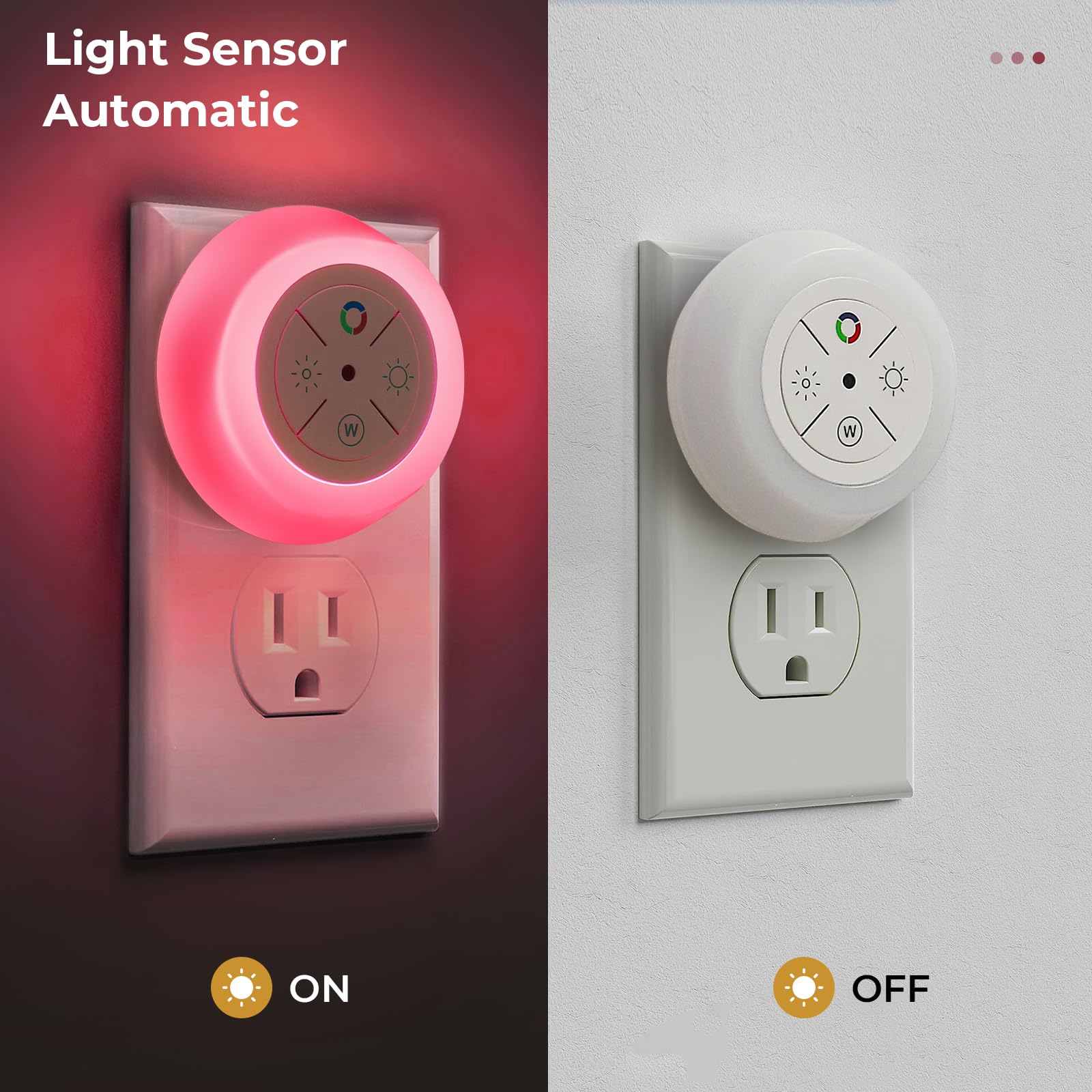 Dawnrise Plug-in Night Lights with Dusk to Dawn Sensor, 12-Color Changing, Dimmable, 4 PK, White for Bedroom, Stairs, Kitchen, Kids Room