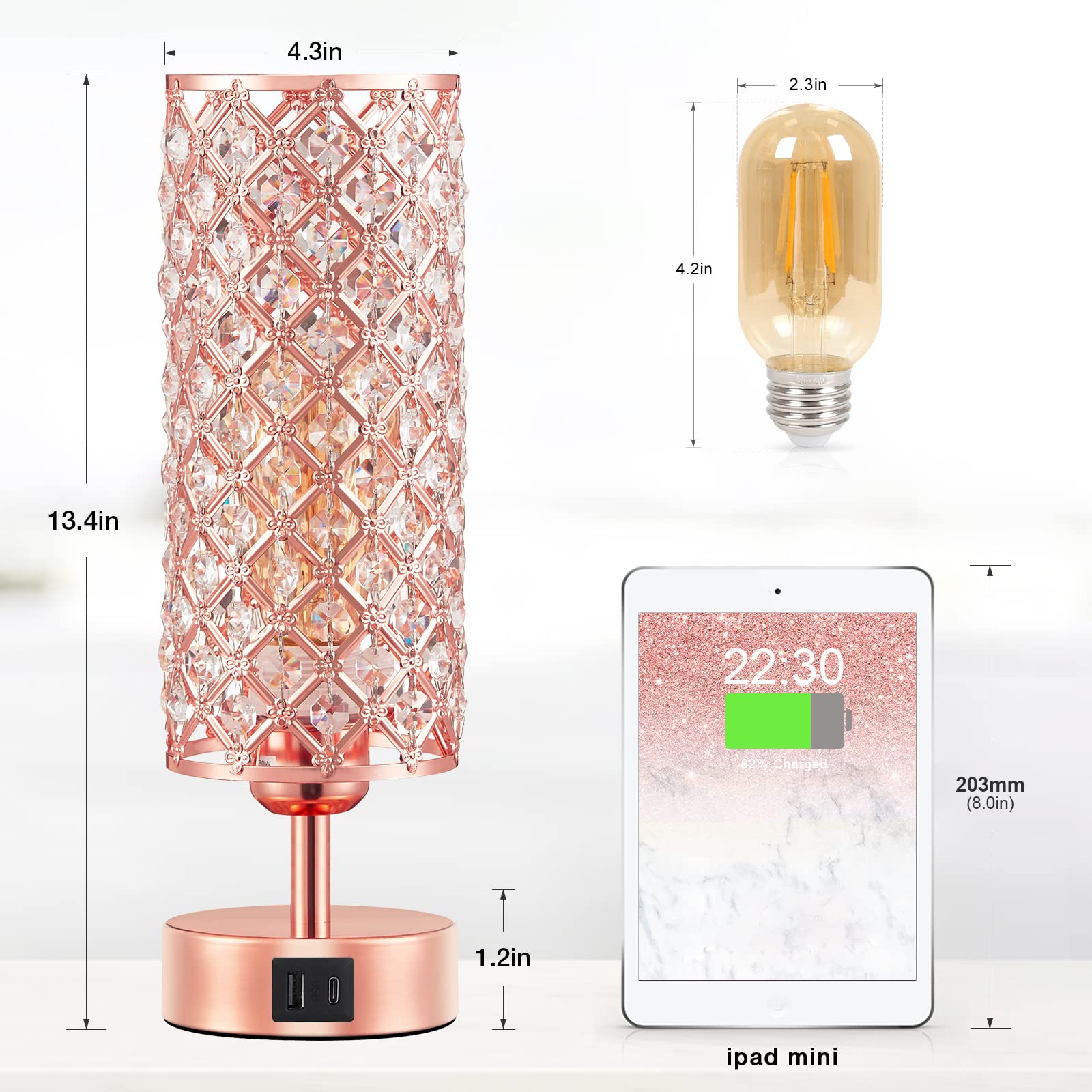 Hong-In Rose Gold Crystal Table Lamp, Usb C+A, 3-Way Dimmable Touch, Bulb Included