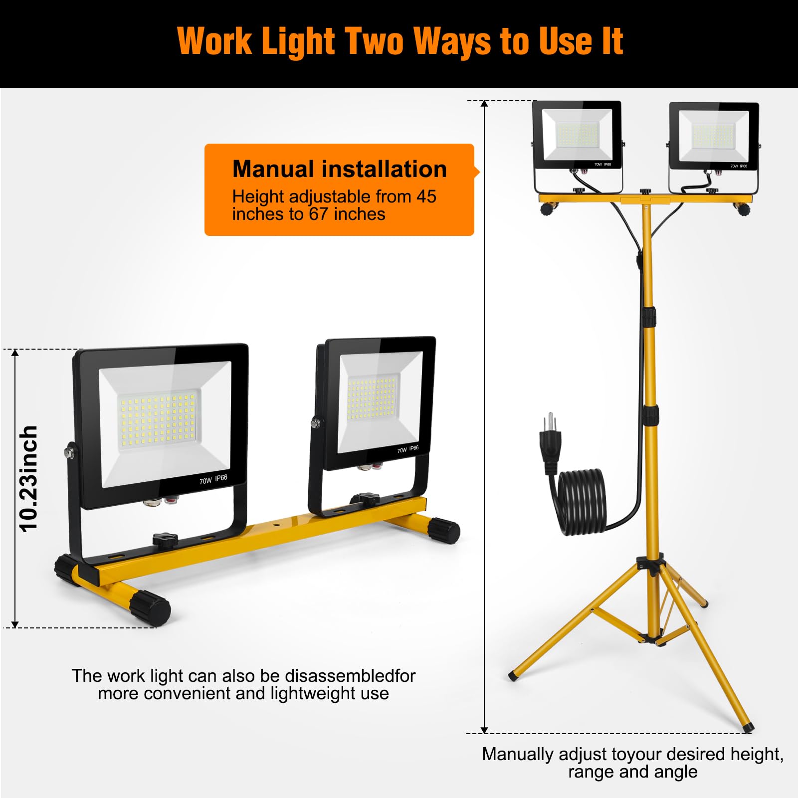 Wufoty Work Light Rugged, Easy To Use, 21,000 Lumen Work Light Stand, 2 Adjustable Led Work Light Heads Collapsible Tripod, 6,50
