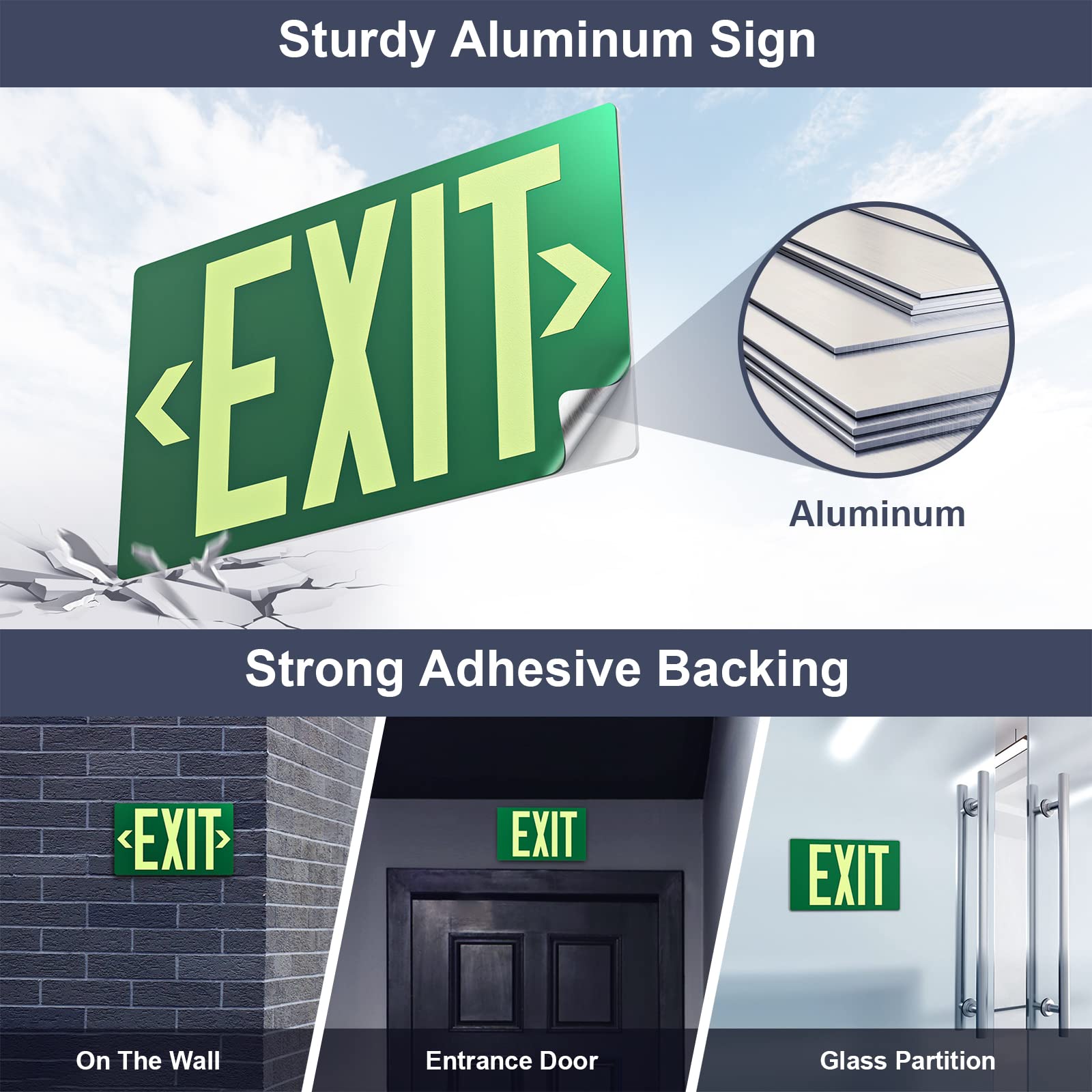 Photoluminescent Exit Sign Aluminum - Adhesive Backing Glow In The Dark - Removable Arrows Included - 12X7 Inches - Non Electrical Green Exit Light For 50 Feet Visibility (2 Pack)