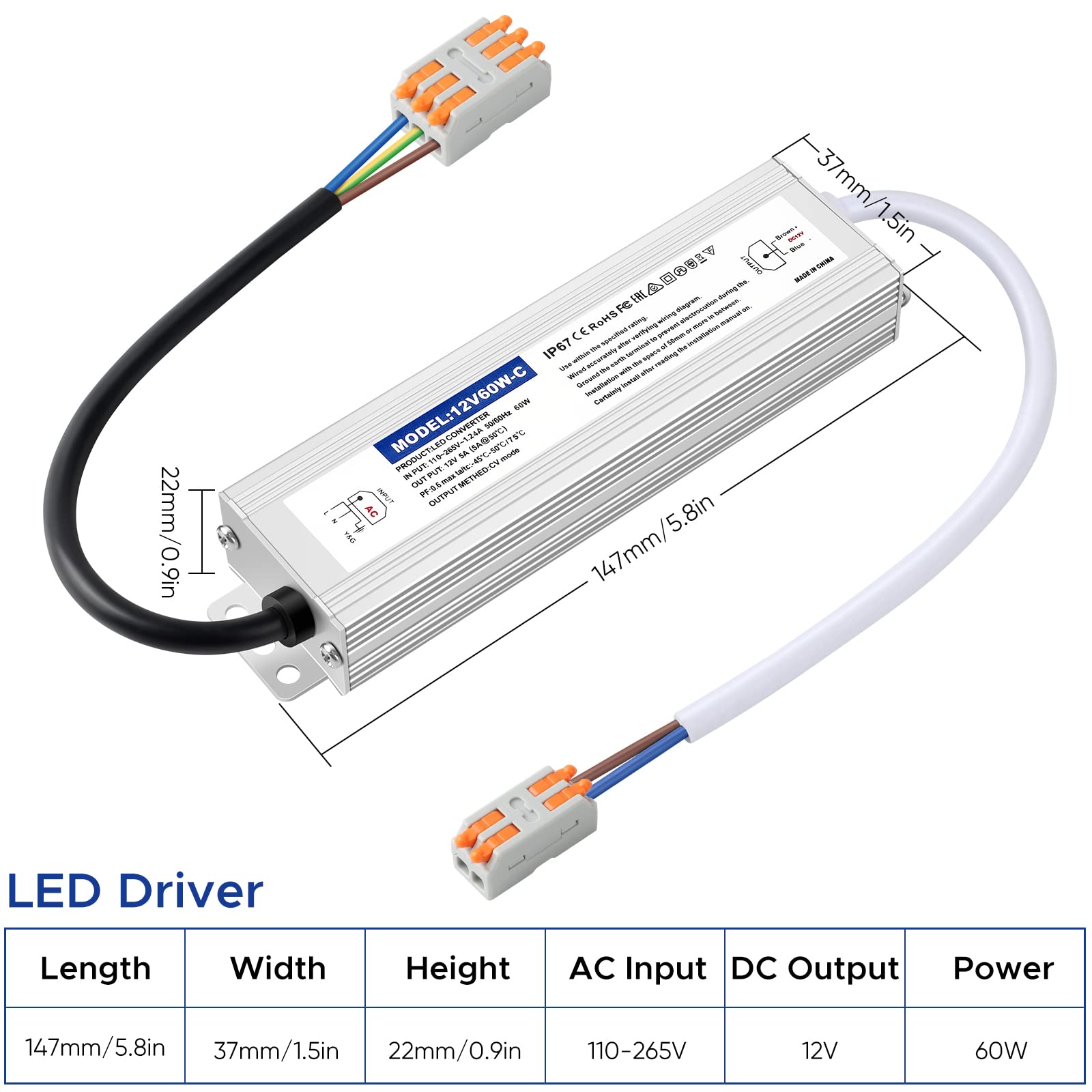 Karyoosi Waterproof Ip67 Led Driver Power Supply 12V 60W 5A, 110V Ac To 12V Dc Converter, Ideal For Indoor And Outdoor, Marine, And Industrial Led Lighting Applications