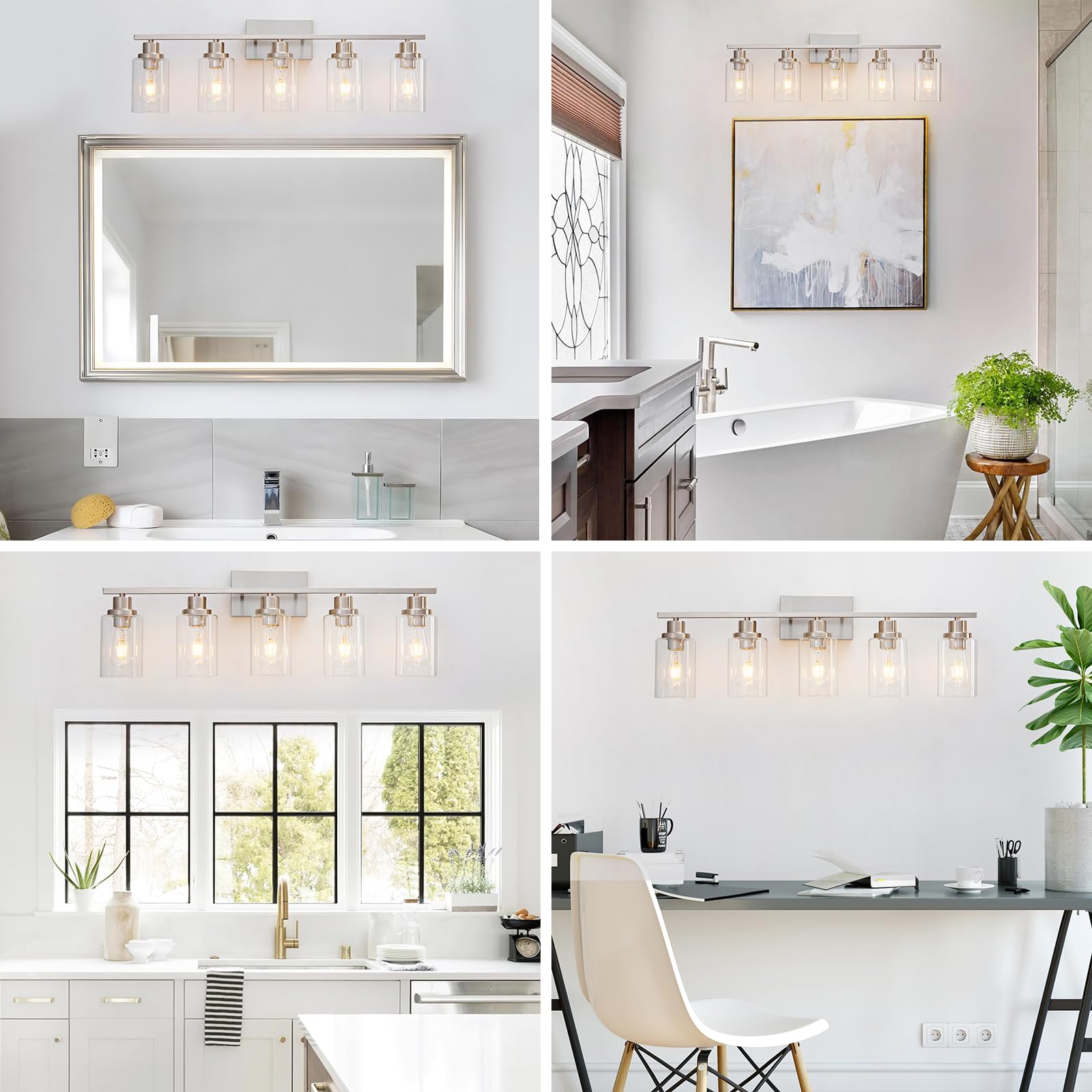 HCCZ 5-Light Bathroom Vanity Light Fixture, Brushed Nickel, Glass Shade, Modern Farmhouse Wall Sconce for Bathroom, Bedroom, Living Room