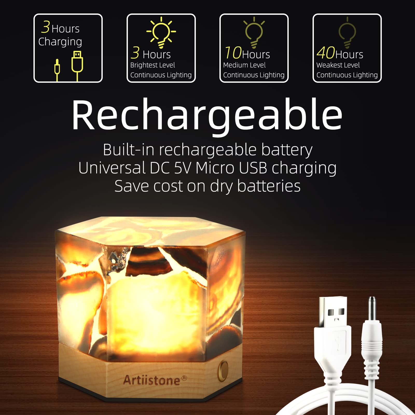 Artiistone Agate Night Light Natural Crystal Stone Led Touch Lamp Carved Gemstone Lights With Wooden Base Usb Rechargeable For H