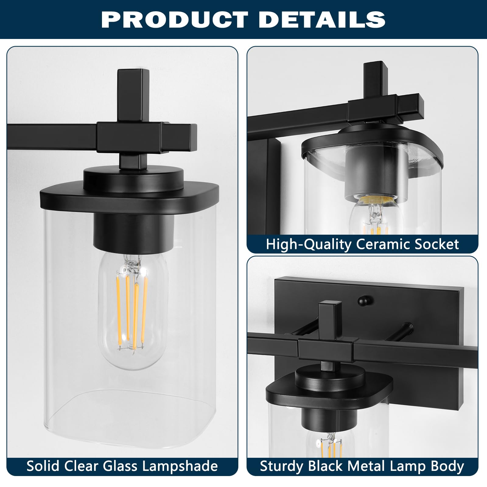 Spiglamm 2-Lights Bathroom Vanity Lights, Matte Black Bathroom Light Fixtures Over Mirror, Bathroom Wall Sconces With Clear Glas