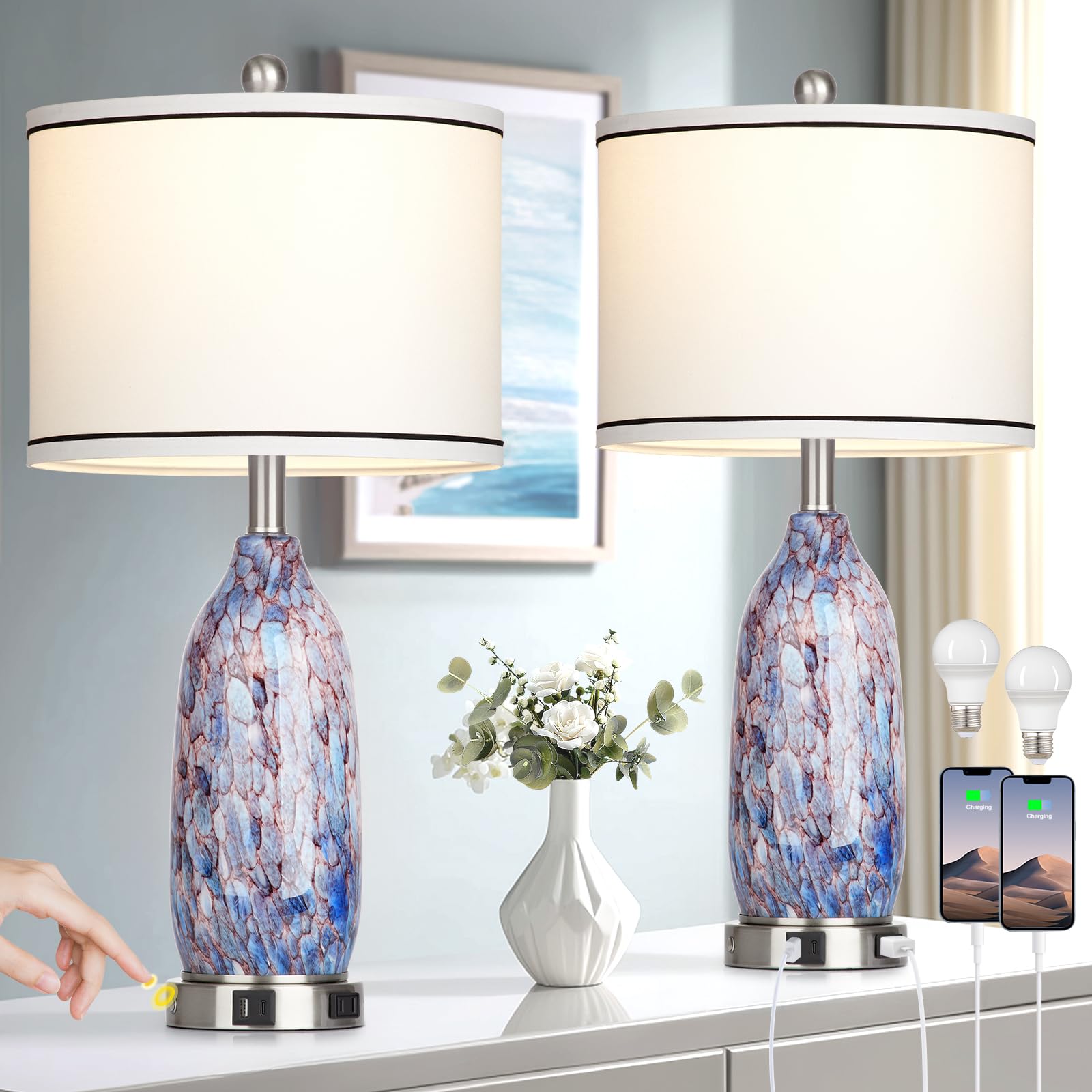 Cinyirong 26 Coastal Glass Table Lamps Set of 2 for Living Room, 3 Way Touch Bedside Lamp for Bedroom, Nautical Beachy Lamp with
