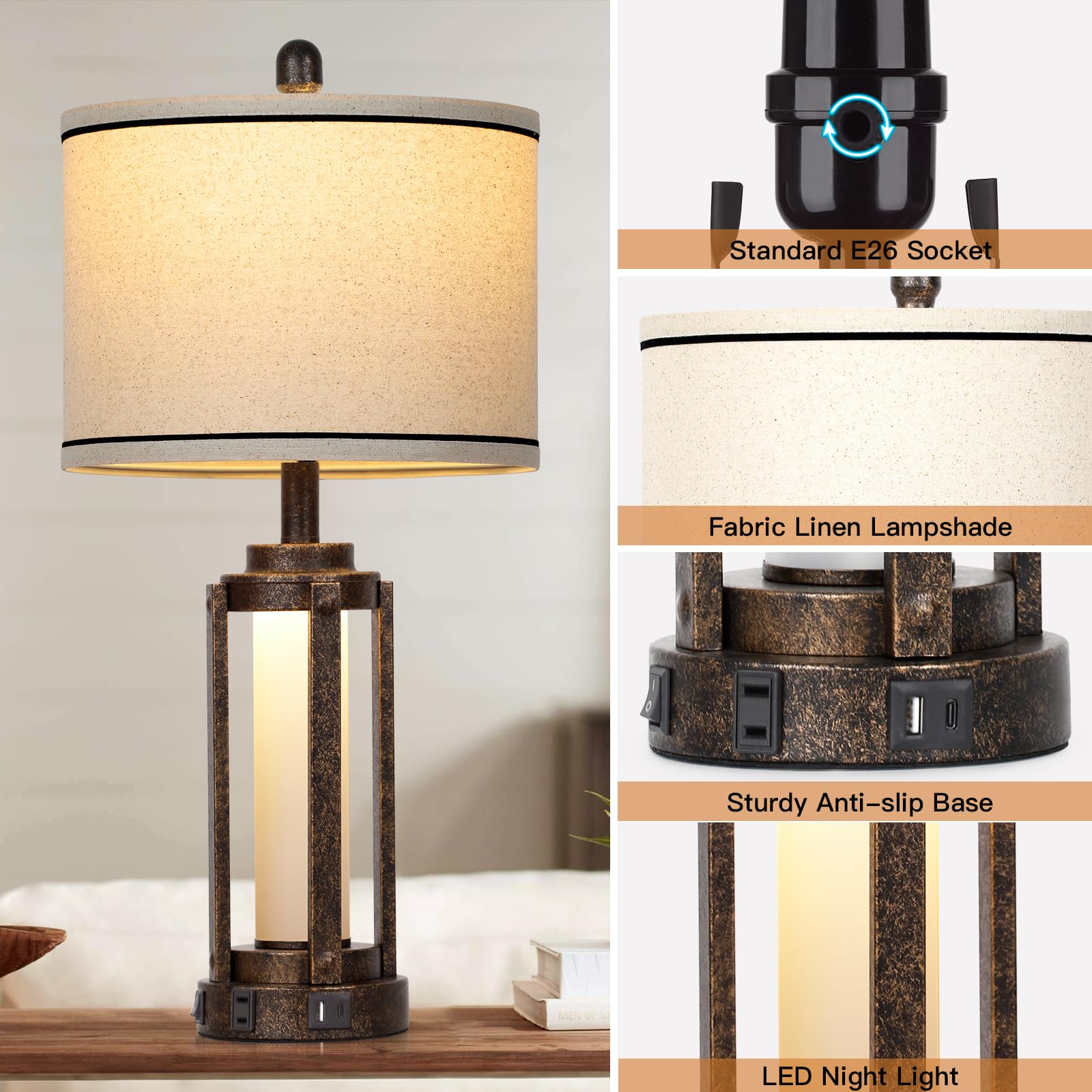 26" Farmhouse Table Lamps Set Of 2, Vintage Rustic Industrial Beside Lamps With Usb A+C Charging Ports & Ac Outlet, Nightstand Lamp With Glass Night Light & Linen Fabric Shade For Living Room Bedrooms