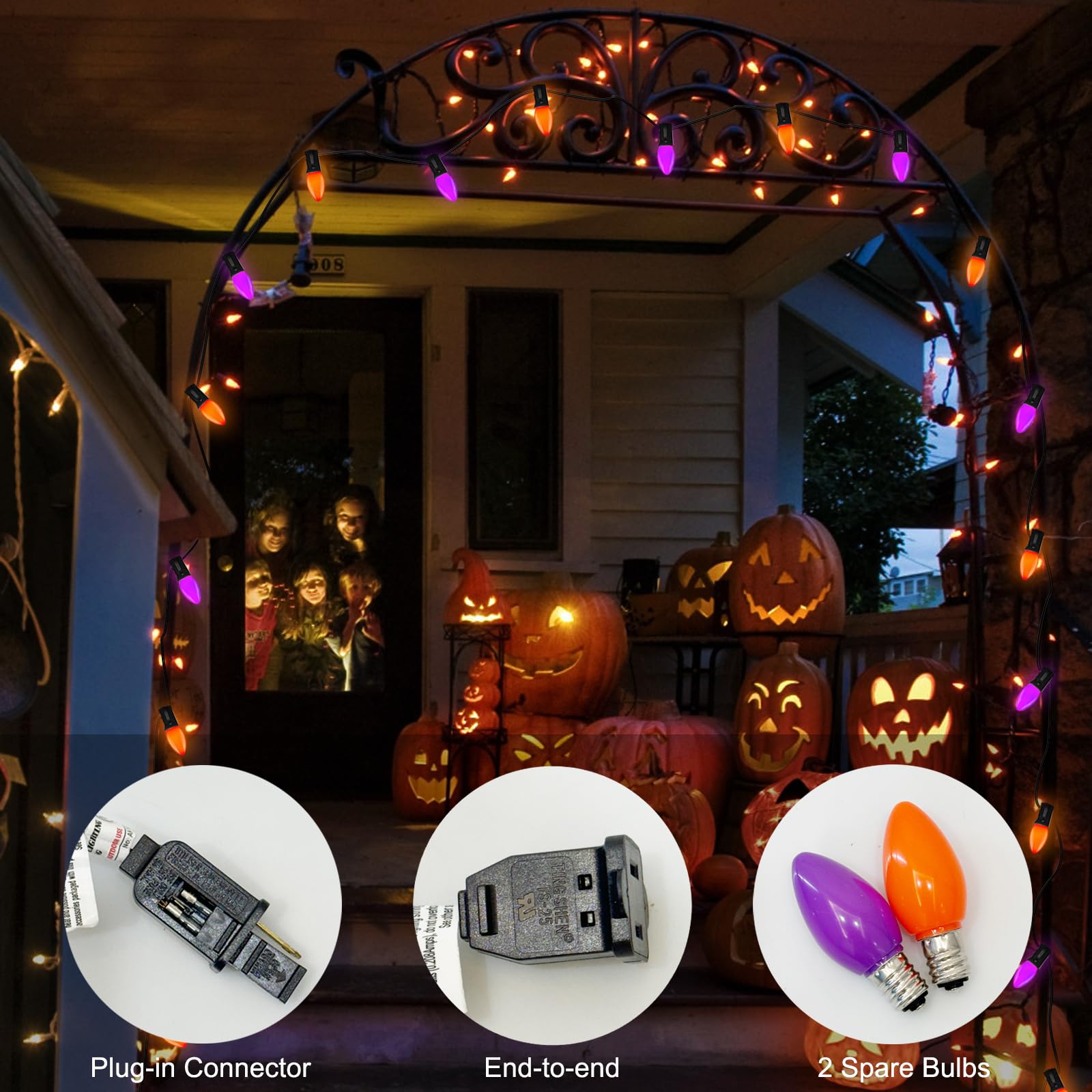 SUNSGNE C7 LED String Lights - 25FT Outdoor Waterproof, 27 Shatterproof Bulbs, Orange Purple, Black Wire