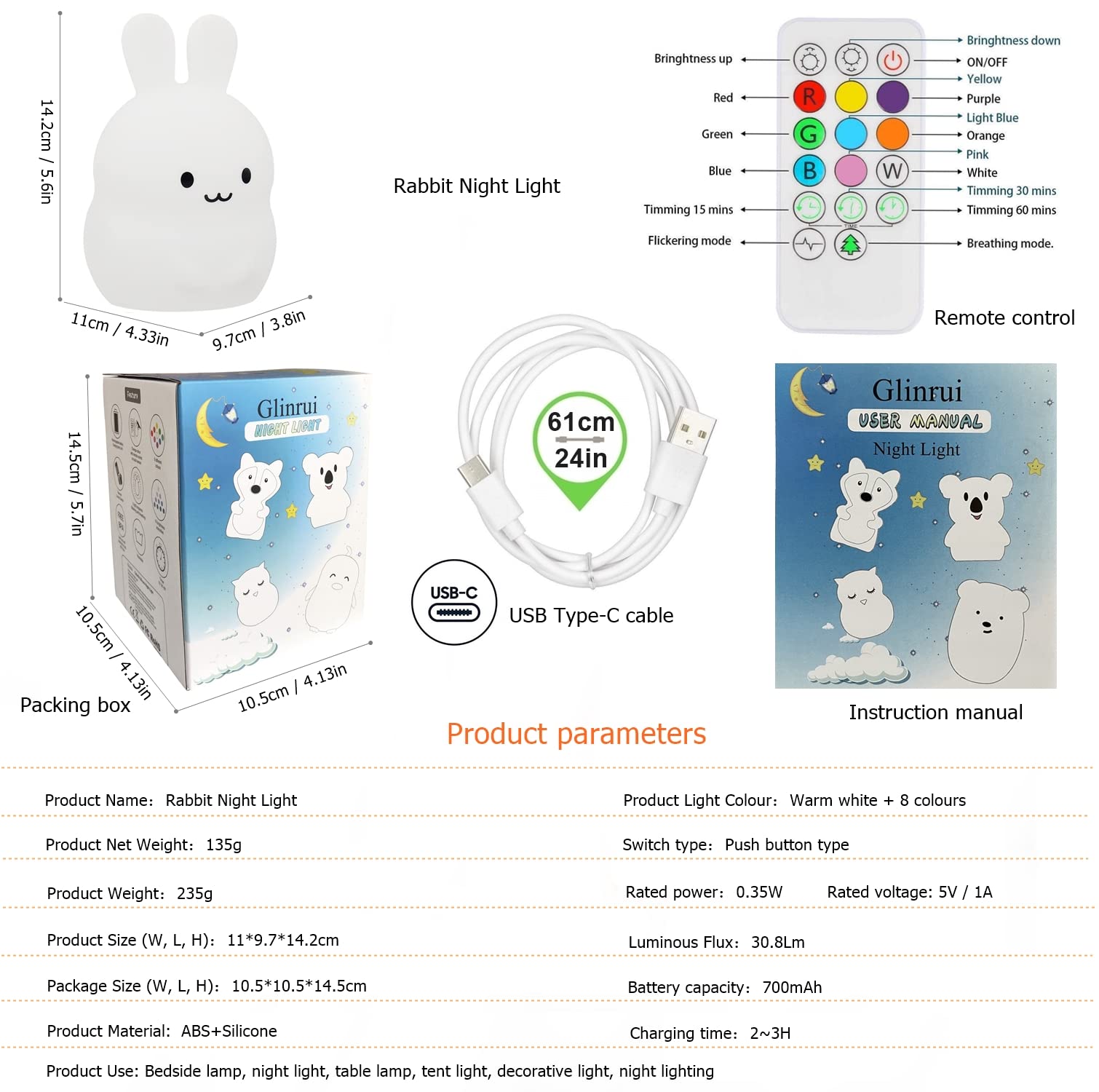 Glinrui Rabbit Night Lights For Kids, Babies Nursery Lamp, Kids Lamp, Child Bedroom Bedside Lamp, Changeable Brightness & Color Children'S Table Night-Lights, Holiday Gifts, Child Gift - Medium