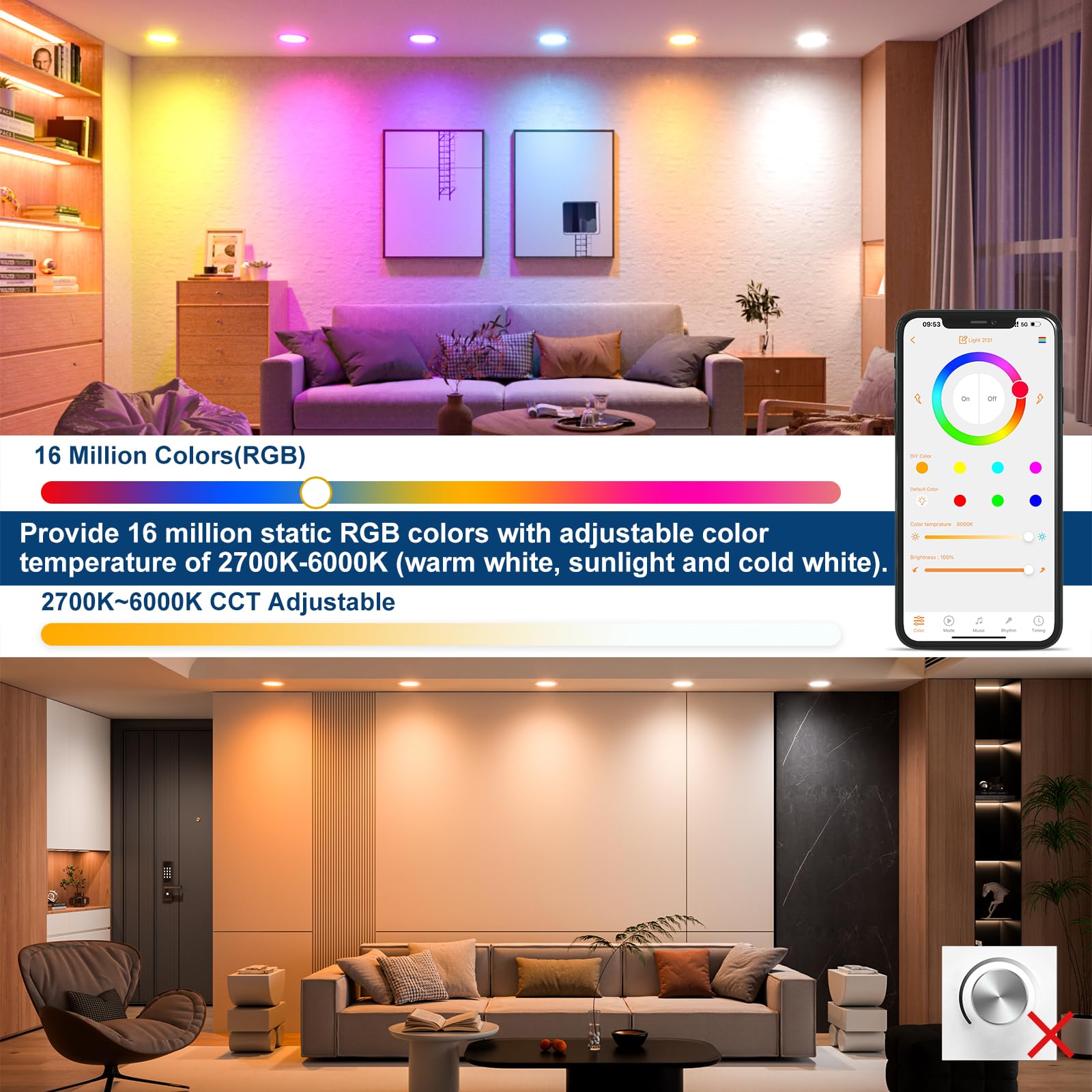 SikSog 6 Inch RGBCW LED Downlight - 16W, 1350 Lumen, Dimmable, Alexa Compatible, 12 Pack, Plastic