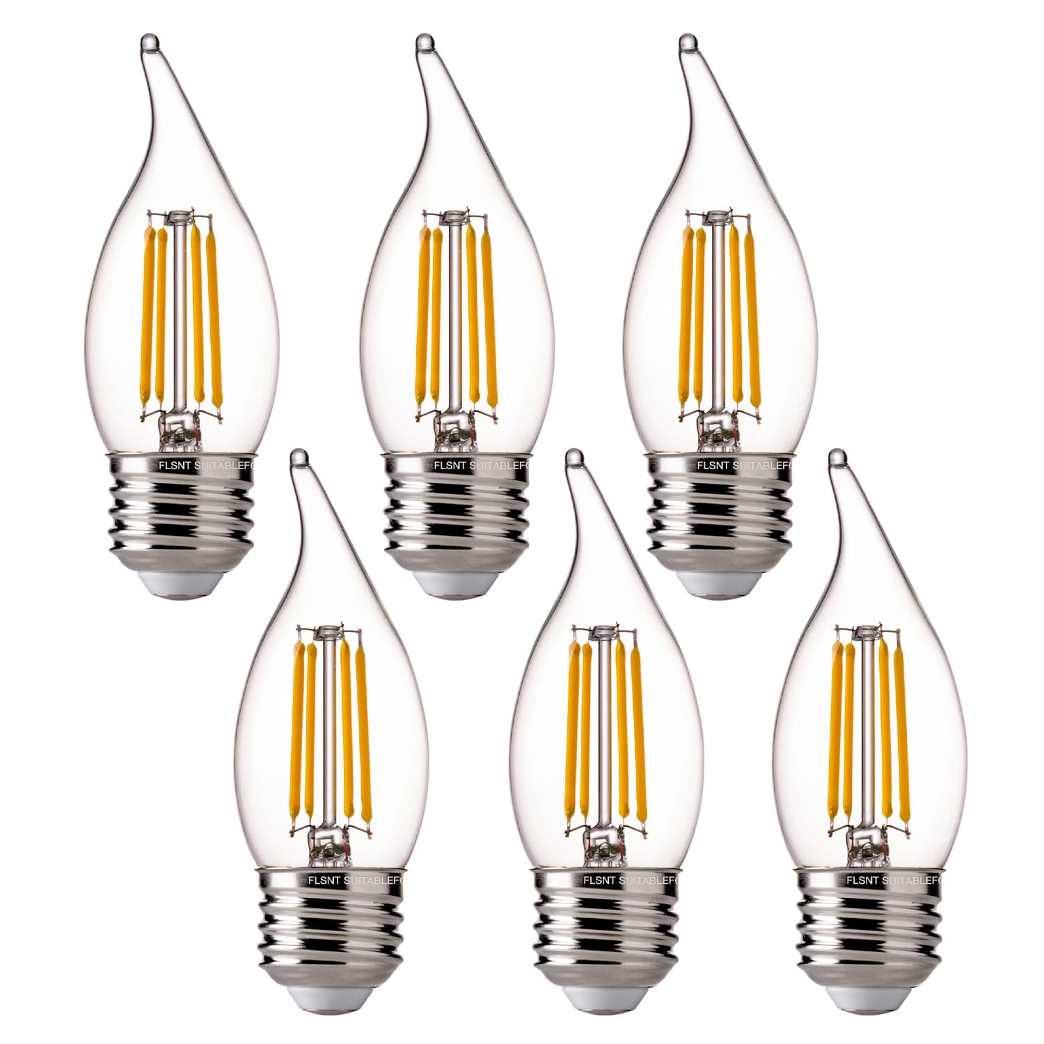 FLSNT LED Chandelier Bulbs, Dimmable CA11 Filament, E26 Base, 2700K Soft White, 6 Pack, Glass