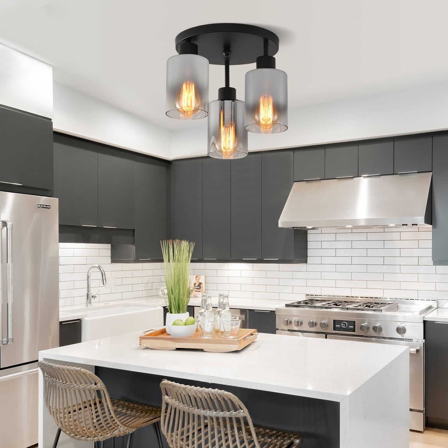 Ihengyanlt 3-Light Industrial Farmhouse Black Matte Light Fixtures Ceiling Mount, With Smoke Gray Glass Shades Semi Flush Mount