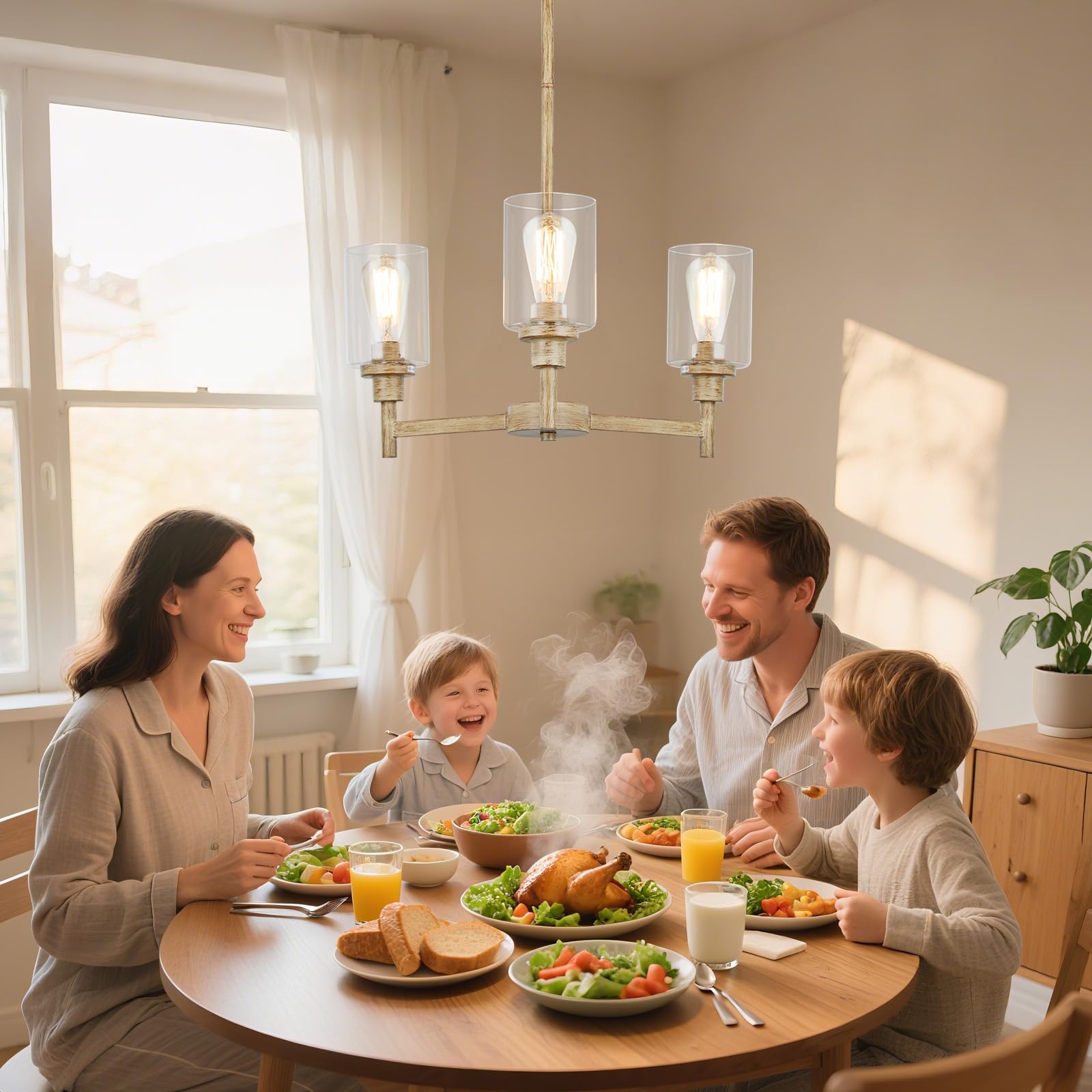 3 Light Farmhouse Chandelier | Rustic Chandeliers For Dining Room Light Fixtures |   Wood Hanging Lighting With Clear Glass Cover For Kitchen Island | Entryway | Bathroom | Corridor | Hallway