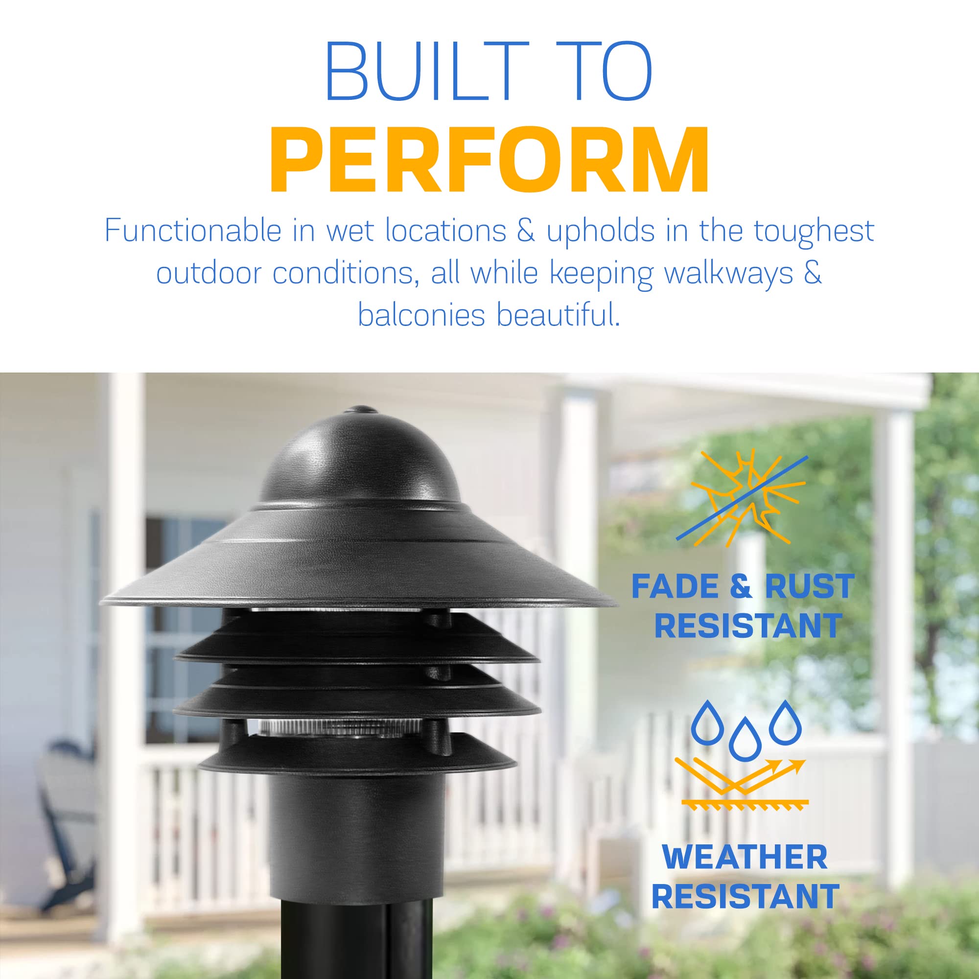 KastLite Nautical Post Walkway Lamp | 10in High | Black | UL Listed | Fits 3in Posts | Model KL-NAUT-PM-B-BULB