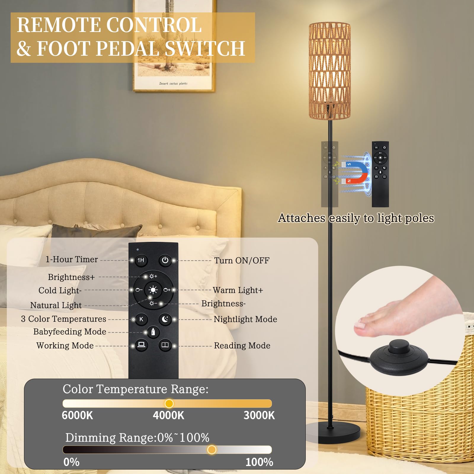 Ruiever Floor Lamp - Modern Rattan Standing Lamp with Dimmer LED Bulb, Mini Size, Black, Remote Control, Model FL-NATURAL SHADE