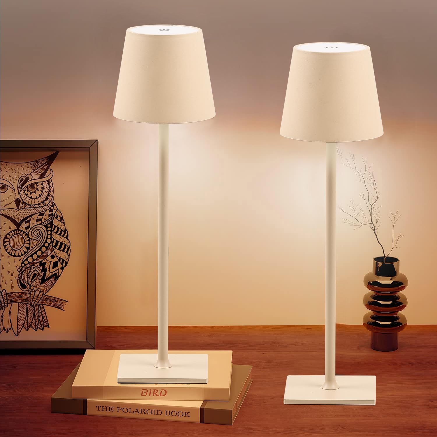 CHLORANTHUS 2 Pack Cordless Table Lamps, Stepless Dimming, 5000mAh Battery, Metal, Khaki