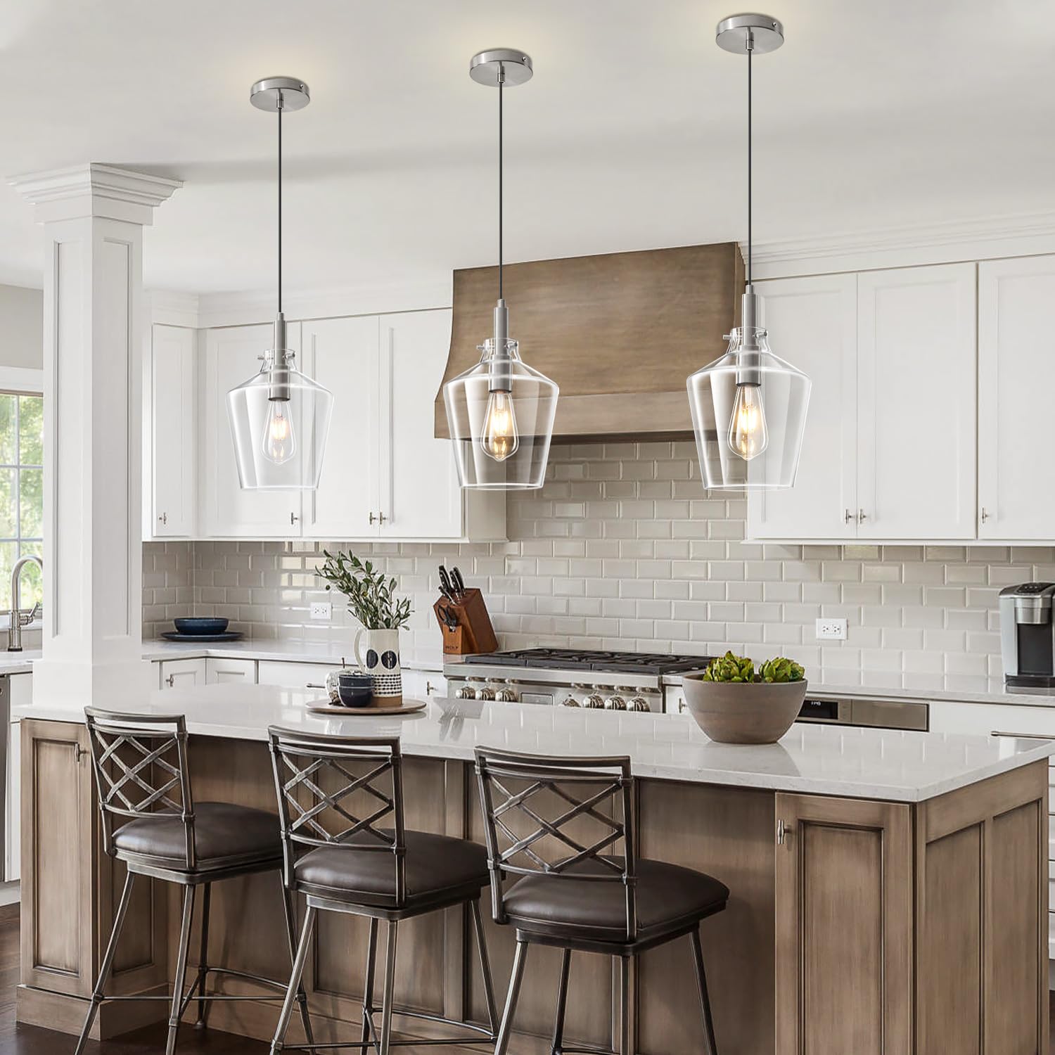 Vaziden Modern Glass Pendant Lighting For Kitchen Island  Farmhouse Nickel Pendant Light Fixtures 1 Pack  Adjustable Hanging Ceiling Light Angled Clear Glass Shades 8 Inch