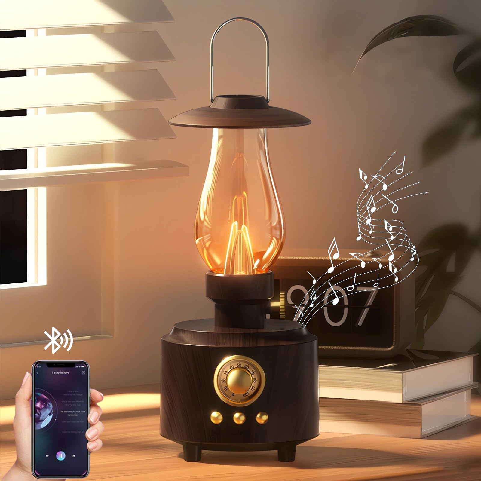 AVEKI Vintage Kerosene Table Lamp with Bluetooth Speaker  Infinitely Dimmable Rechargeable LED Lights for Bedroom  IPX4 Waterproof Bedside Lamps for Camping Party Holiday Home Decor Gift (Woodgrain)