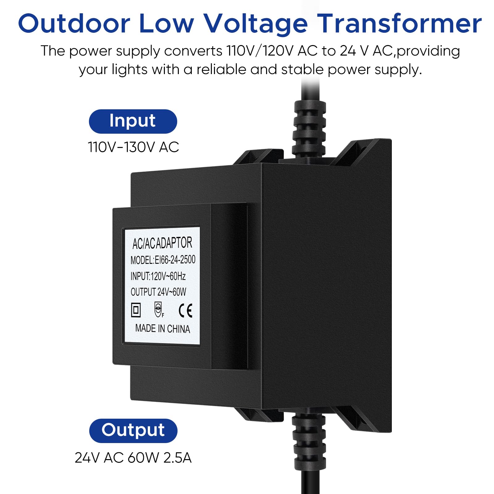 Karyoosi Outdoor Low Voltage Transformer 110/120V Ac To Ac 24V 2.5A 60W, Low Voltage Landscape Transformer, Power Supply Waterpr