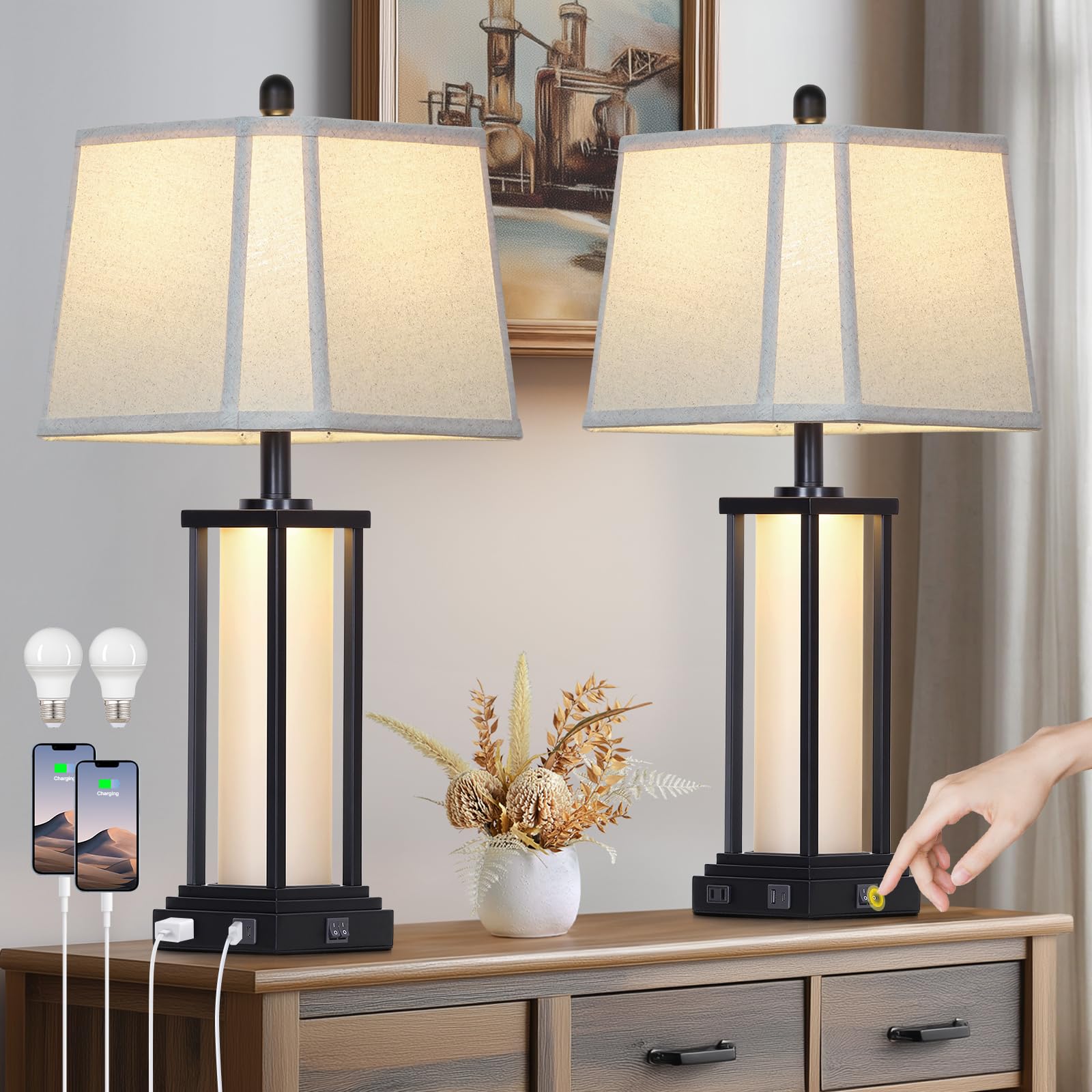 Cinkeda Vintage Table Lamp Set of 2, 27in Tall, Black Metal with USB & Outlet, Farmhouse Style, Square Shades