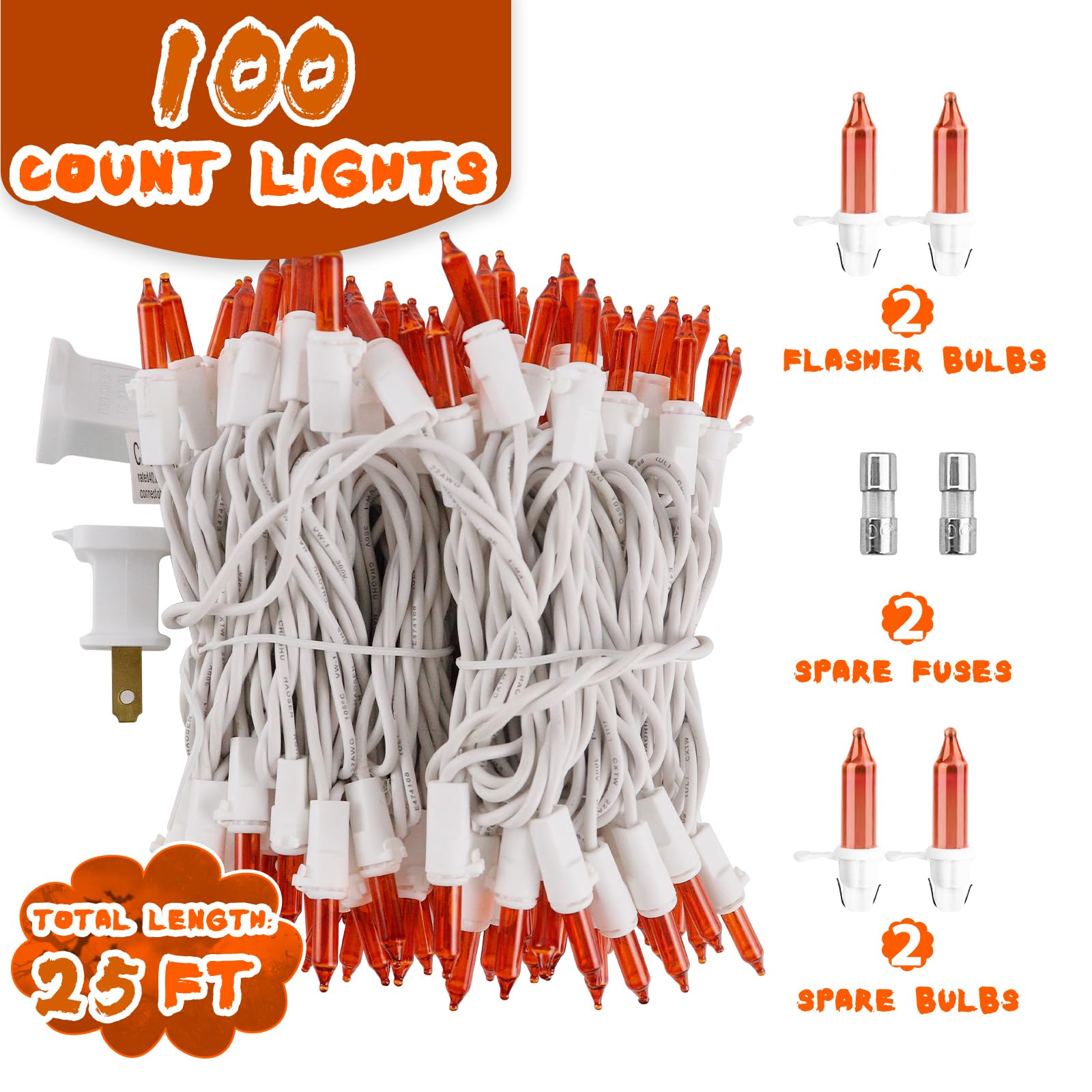 Cxlho Christmas Mini String Lights Orange, 25Ft 100 Count Incandescent Connectable Halloween Lights, Ul Listed Waterproof Christ