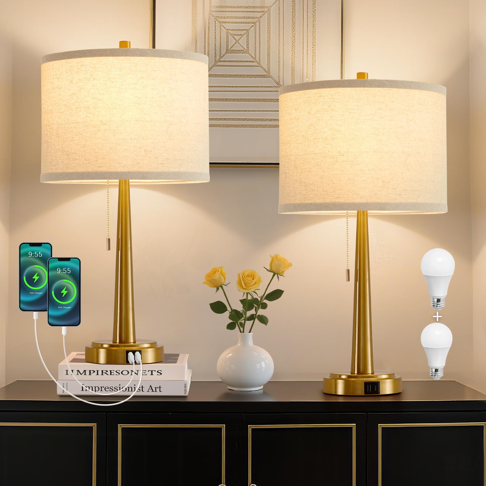 Gyrovu 22 Inches Table Lamps, Bedside Lamps With Usb And C Ports, Nightstand Lamp With Pull Chain, Gold Lamp Set Of 2 For Living