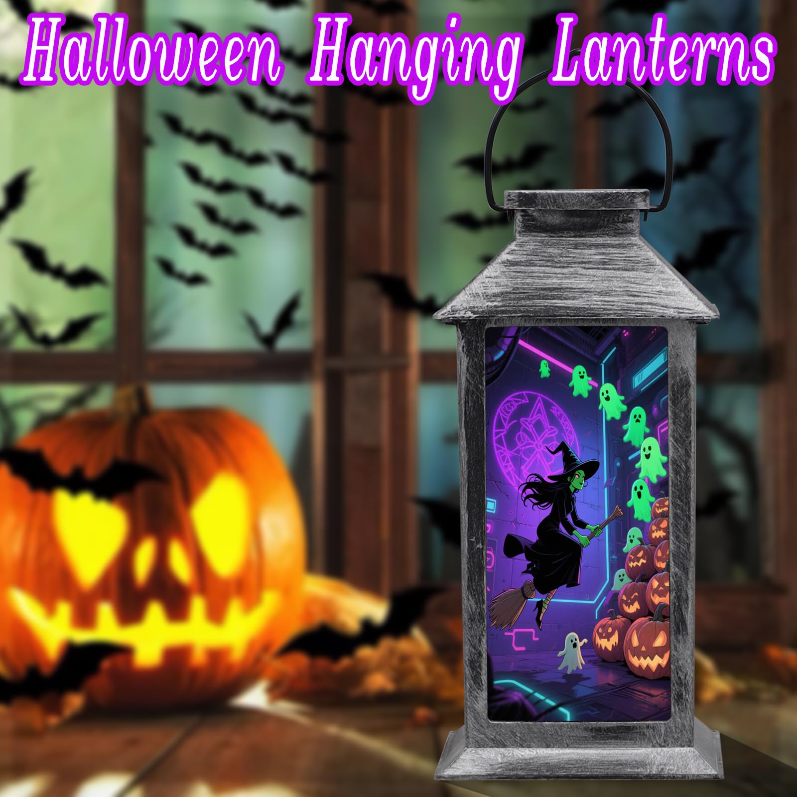 Halloween Decorations Outdoor Solar Lanterns Hanging Ghosts Solar Lantern Party Decorations Halloween Decor Gifts For Porches Yards Gardens Lawn(Witch And Ghost Pumpkin)