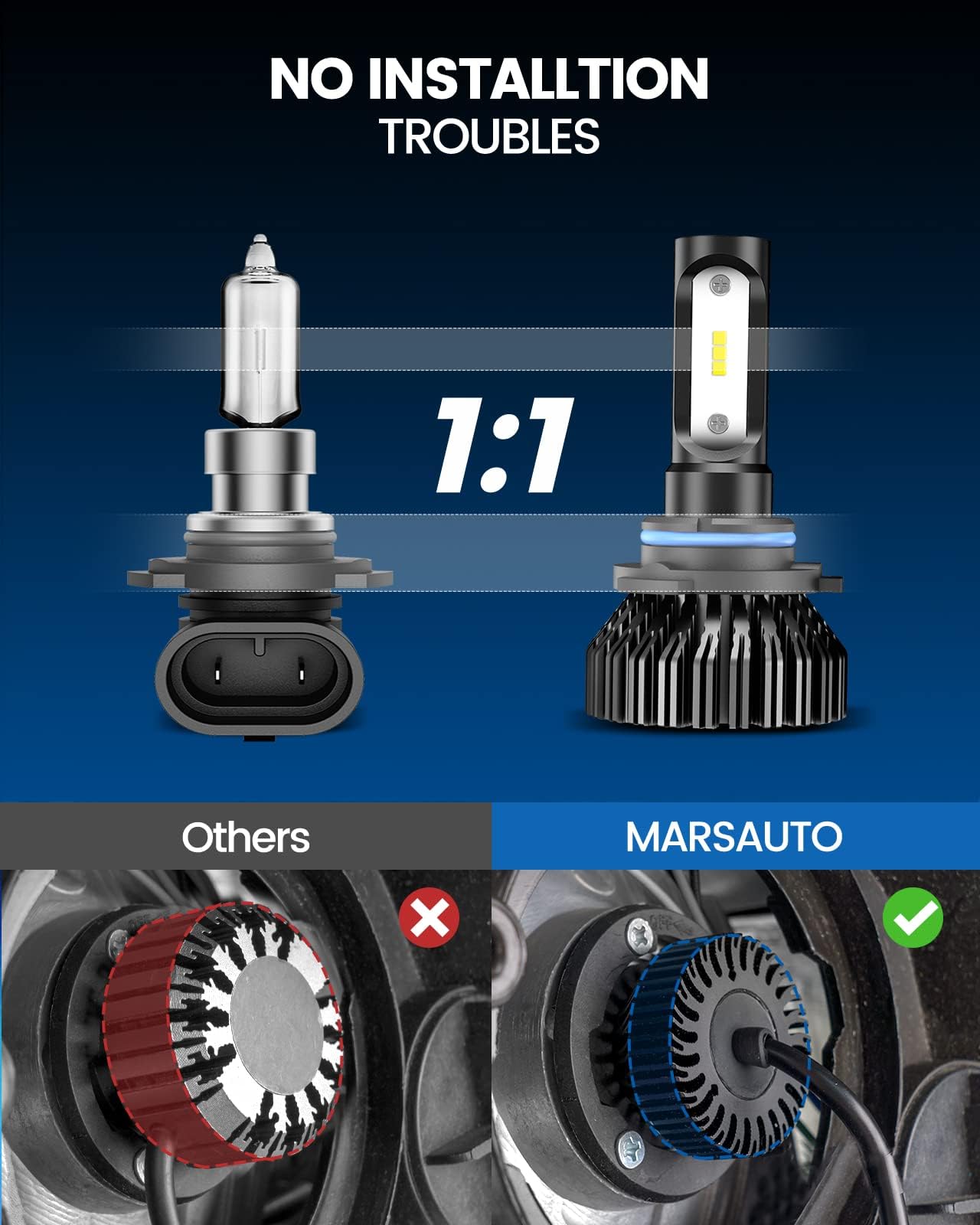 Marsauto 9006 LED Bulbs HB4, 6000K Cool Bright, 600% Brightness, Aluminum, Pack of 2
