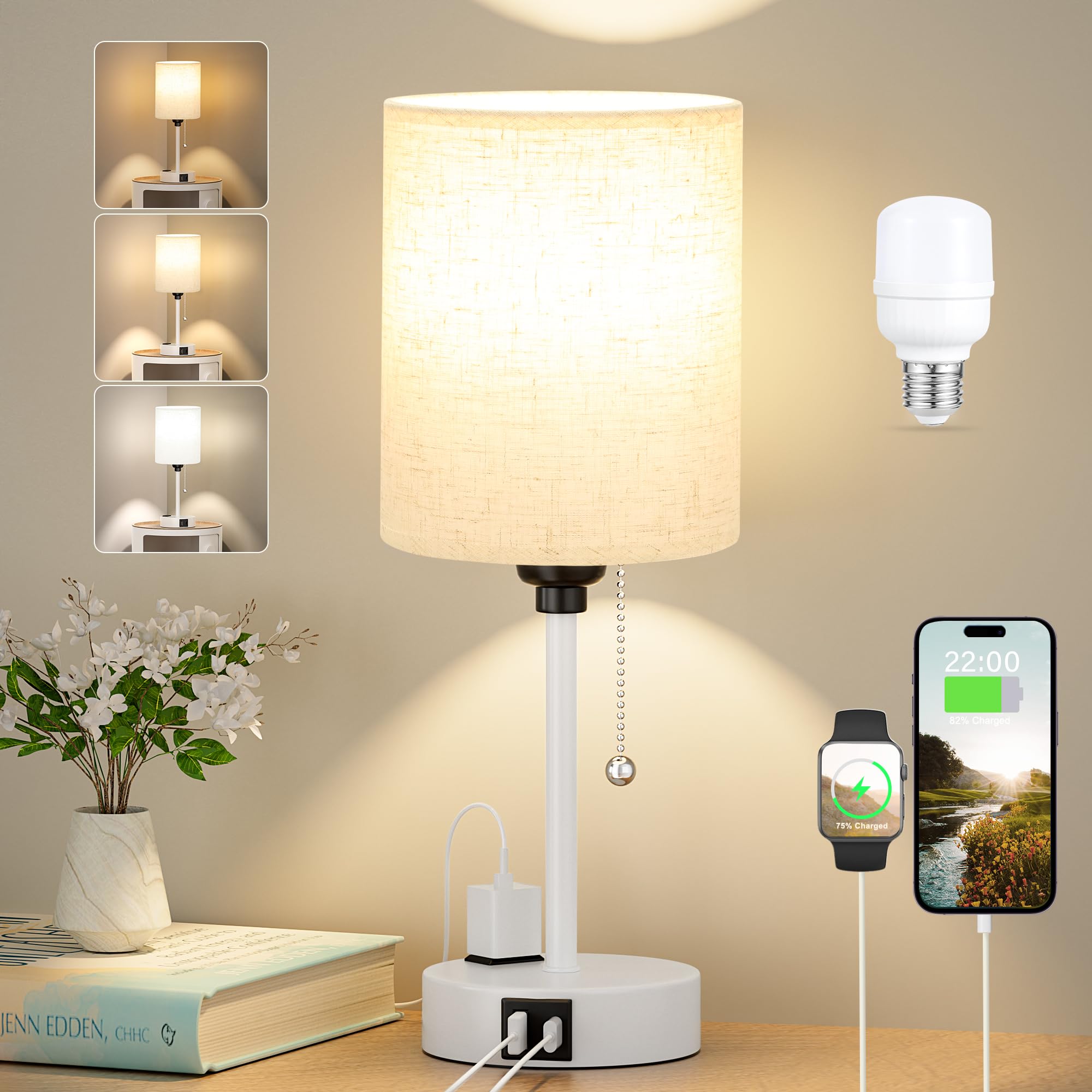 Small Bedside Lamp For Bedroom Nightstand - 2700K 3500K 5000K Bedside Lamps With Usb C And A Ports, Pull Chain Table Lamps With Ac Outlet, Nightstand Lamps With White Metal Base For Kids Reading
