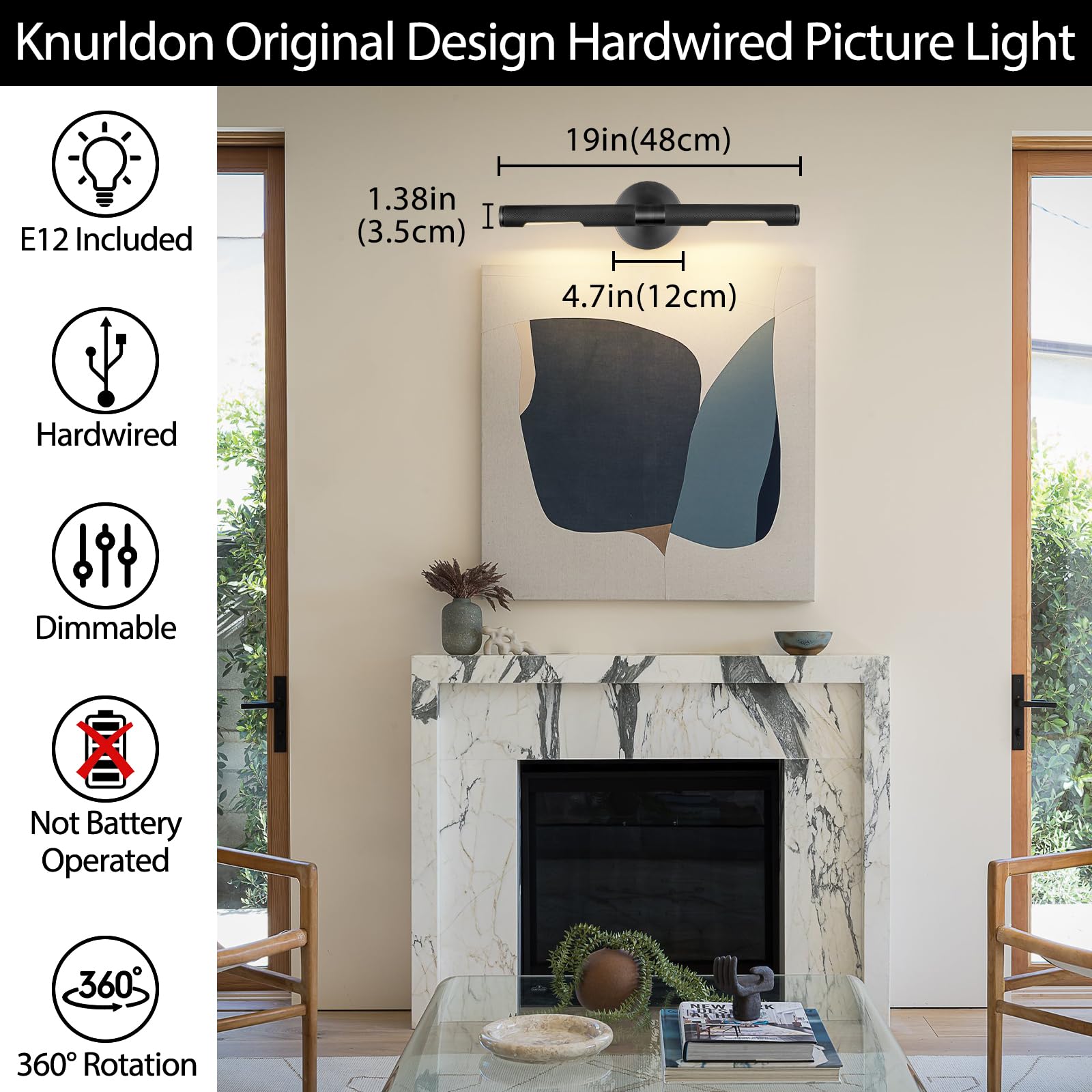 Knurldon Hardwired Black Brass 19'' Knurled Picture Light, Dimmable Rotatable 360Picture Light For Wall, Vanity Light, Gallery W