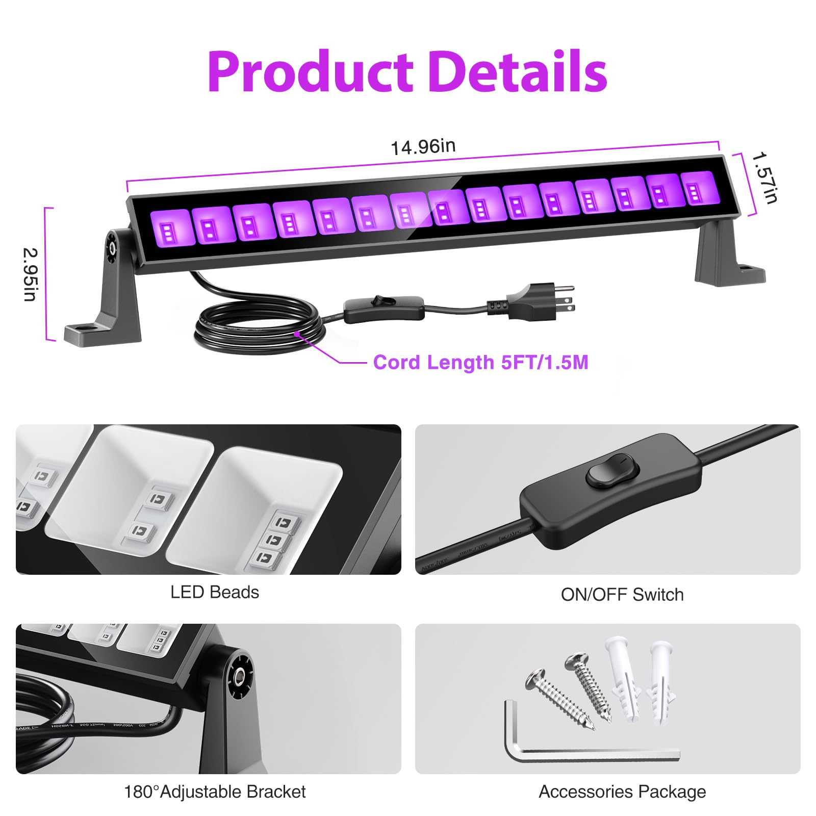 Meloght 45W Led Black Light Bar Black Lights For Glow Party Waterproof Blacklight With Plug & Switch  Halloween Light For Glow In The Dark Party Supplies Bedroom Body discomfort-reducingt Stage Lighting 4 Pack