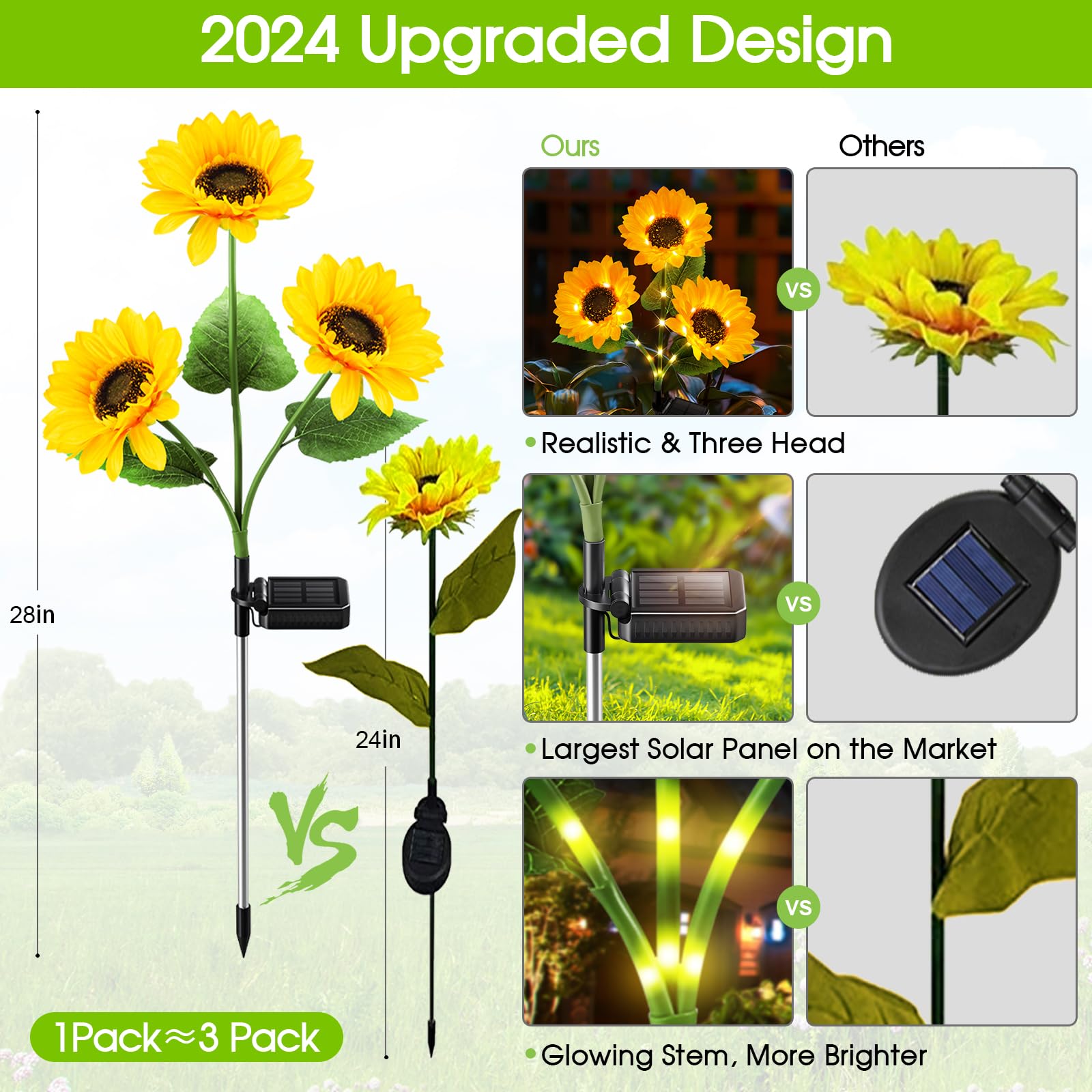 Kooper Solar Lights Outdoor Garden Decor - Upgraded 3 Pack With 9 Sunflower Lights, Waterproof Solar Outdoor Lights Auto On/Off