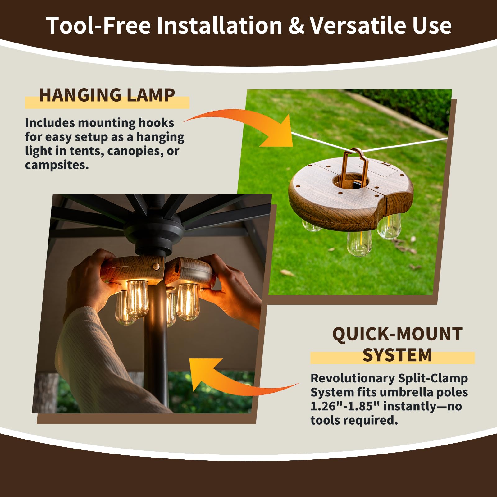 OPOIRA Dark Wood Grain Patio Umbrella Light, Remote Control, Rechargeable LED Edison Bulbs, 10 Brightness Levels, 2 Pack