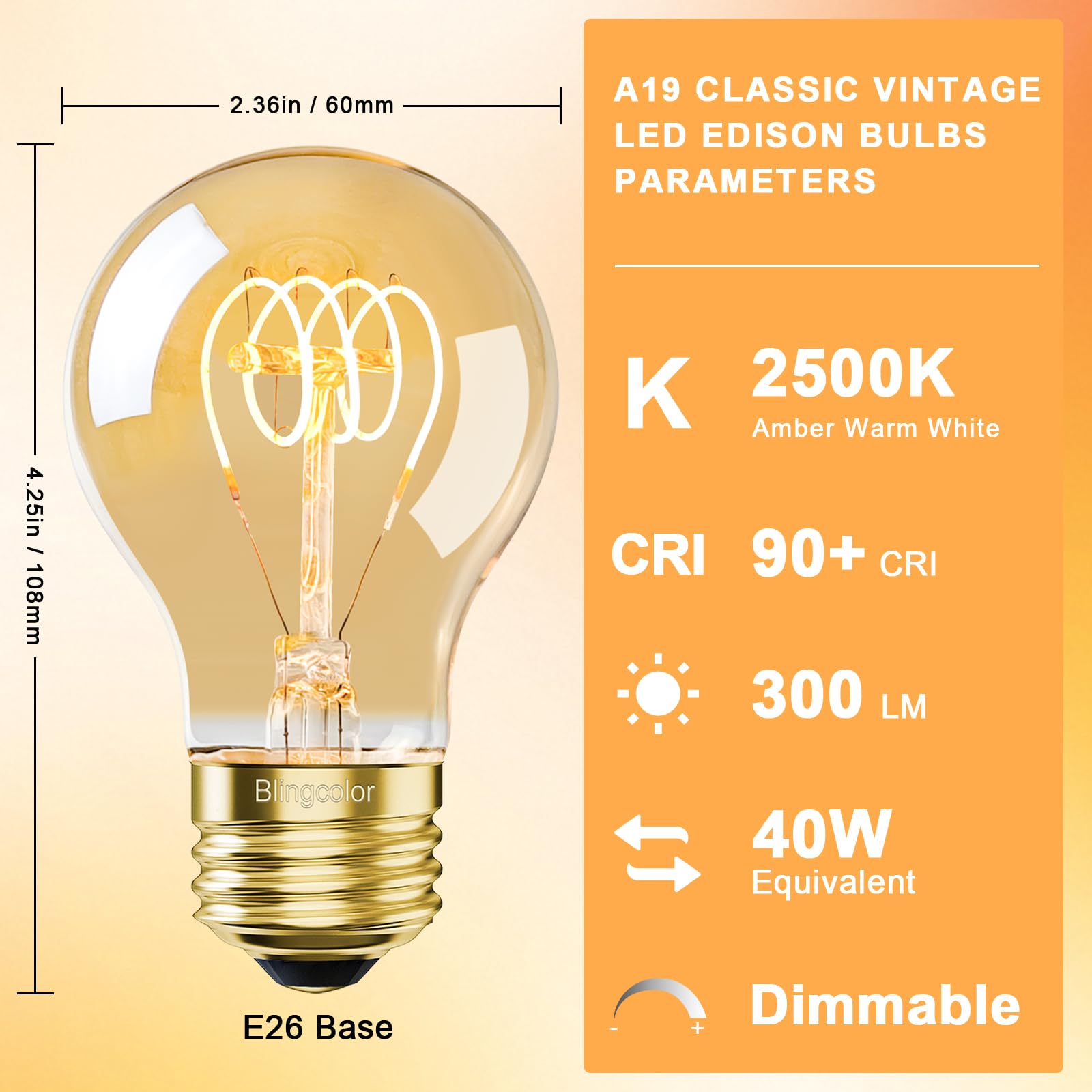 Blingcolor A19 Vintage Led Edison Light Bulbs 40 Watt, 4-Pack Dimmable A19 4W Led 2500K Warm White Light Bulbs, E26 Base, 4W Equ