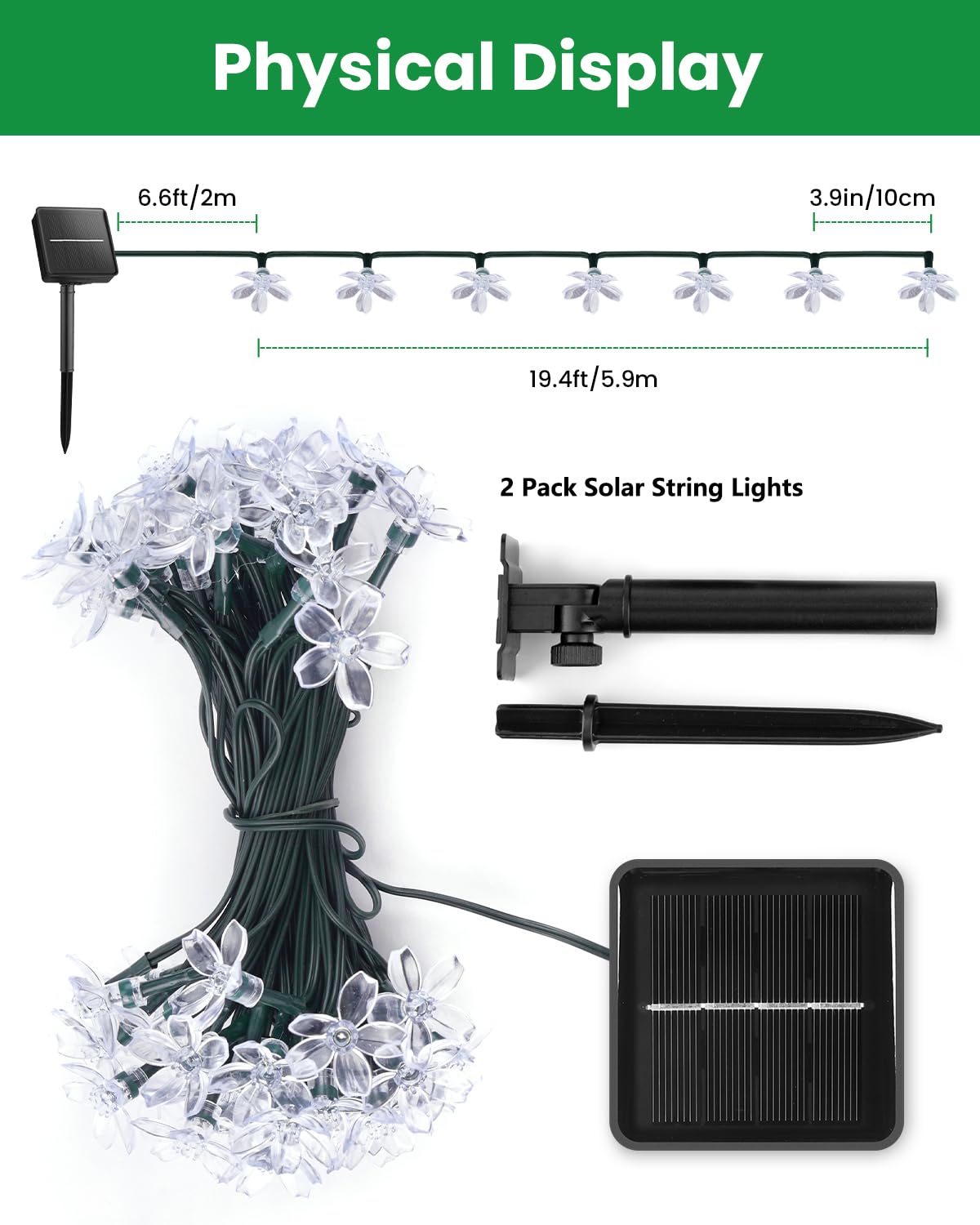 Brightown Solar Flower String Lights, 120 LED, 52FT, Waterproof, 2 Pack, Green for Garden, Yard, Patio, Wedding Decor