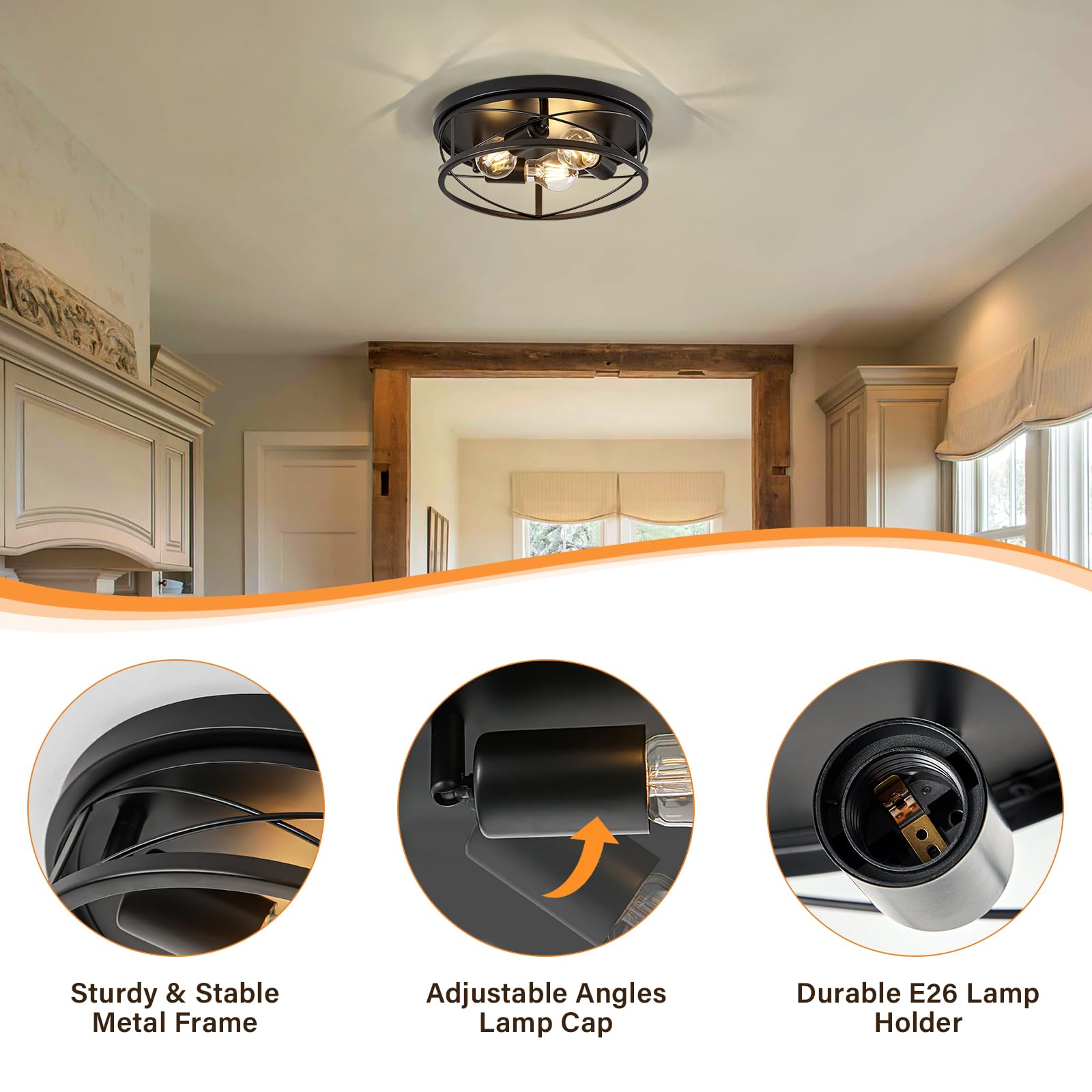 Violoemi Farmhouse Light Fixtures, Black Round Metal Flush Mount Ceiling Light, 3-Light Cage Ceiling Lamp For Kitchen, Foyer, Be