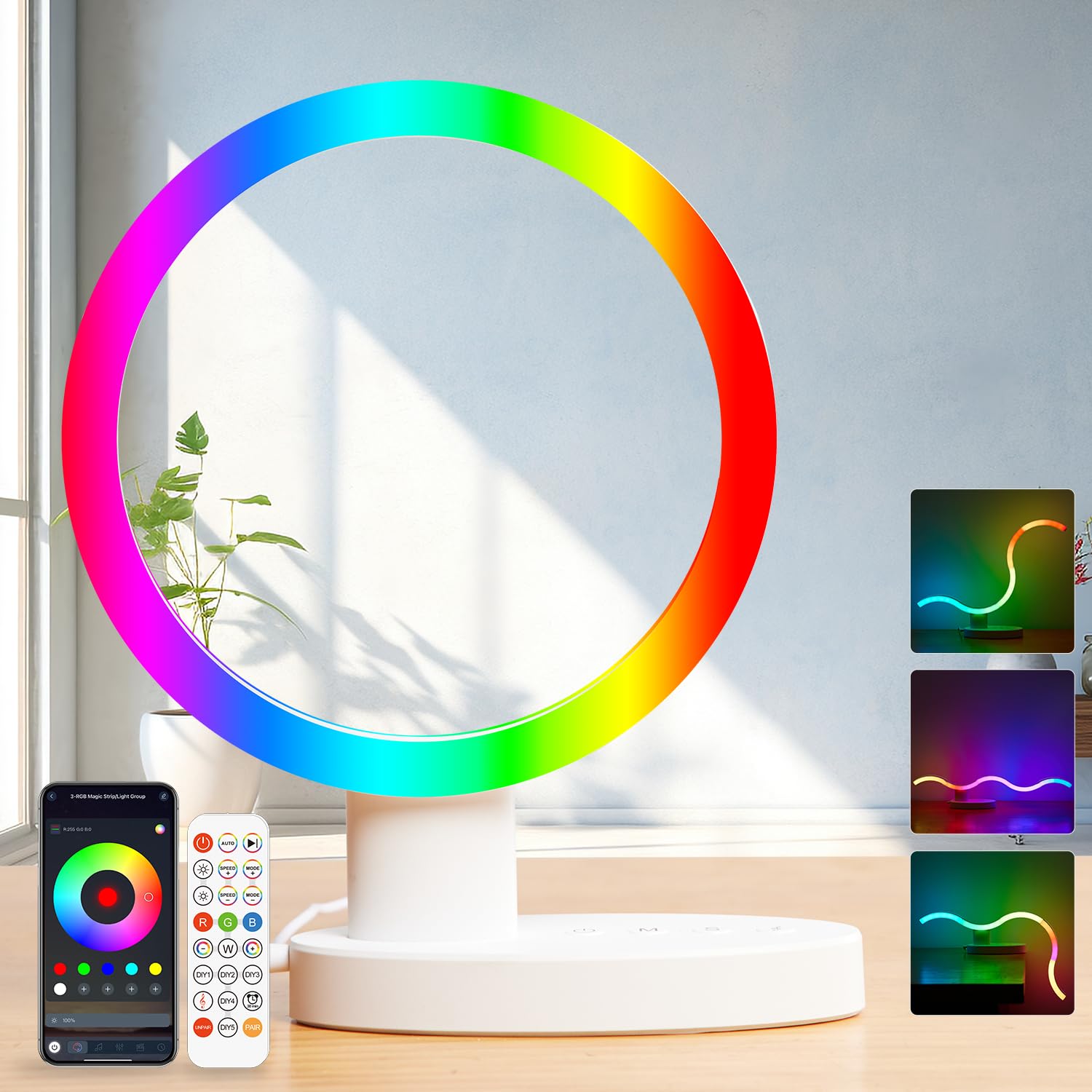 Transformable Smart RGB+IC Modern Table Lamp, Sync Music Color Changing Table Light for Game, Parties, Ring-Shaped Night Light f