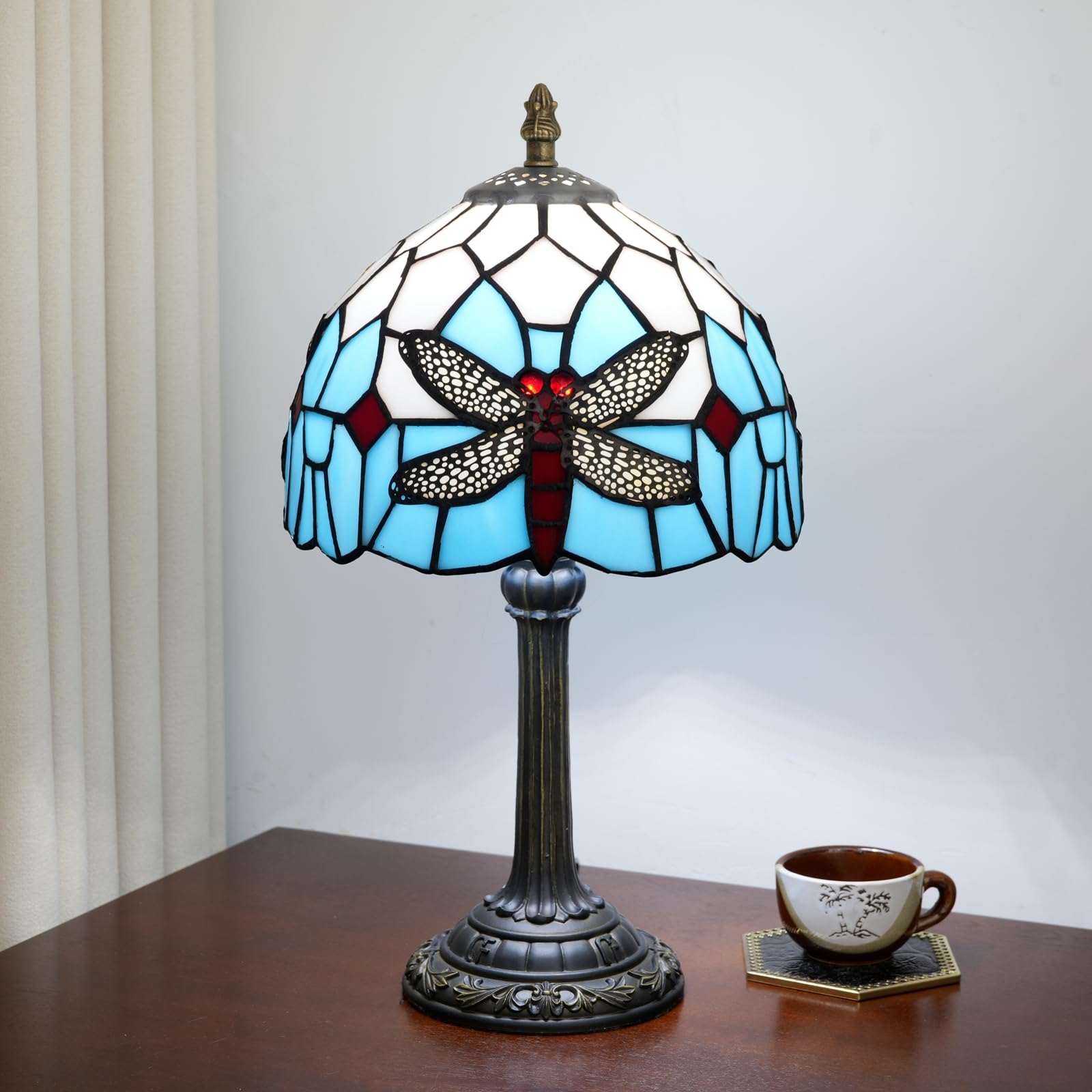TIFLRIS Small Tiffany Lamp Stained Glass Table Lamp, 8 Inch Vintage Blue White Dragonfly Pattern with Red Accents Cute Unique Be
