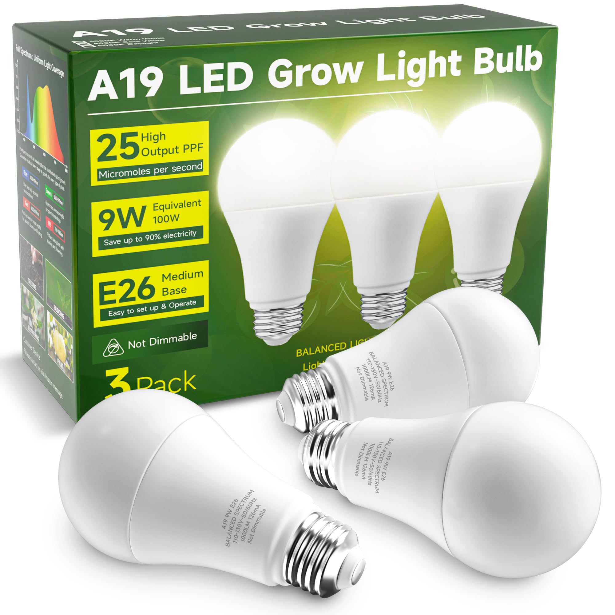 Unilampro Grow Light Bulbs, Full Spectrum Light Bulb, A19 Grow Light Bulb, Plant Grow Light Bulbs E26 Base, 9W Plant Light Bulbs 100W Equivalent, Grow Bulb For Indoor Plants, Greenhouse, 3 Pack