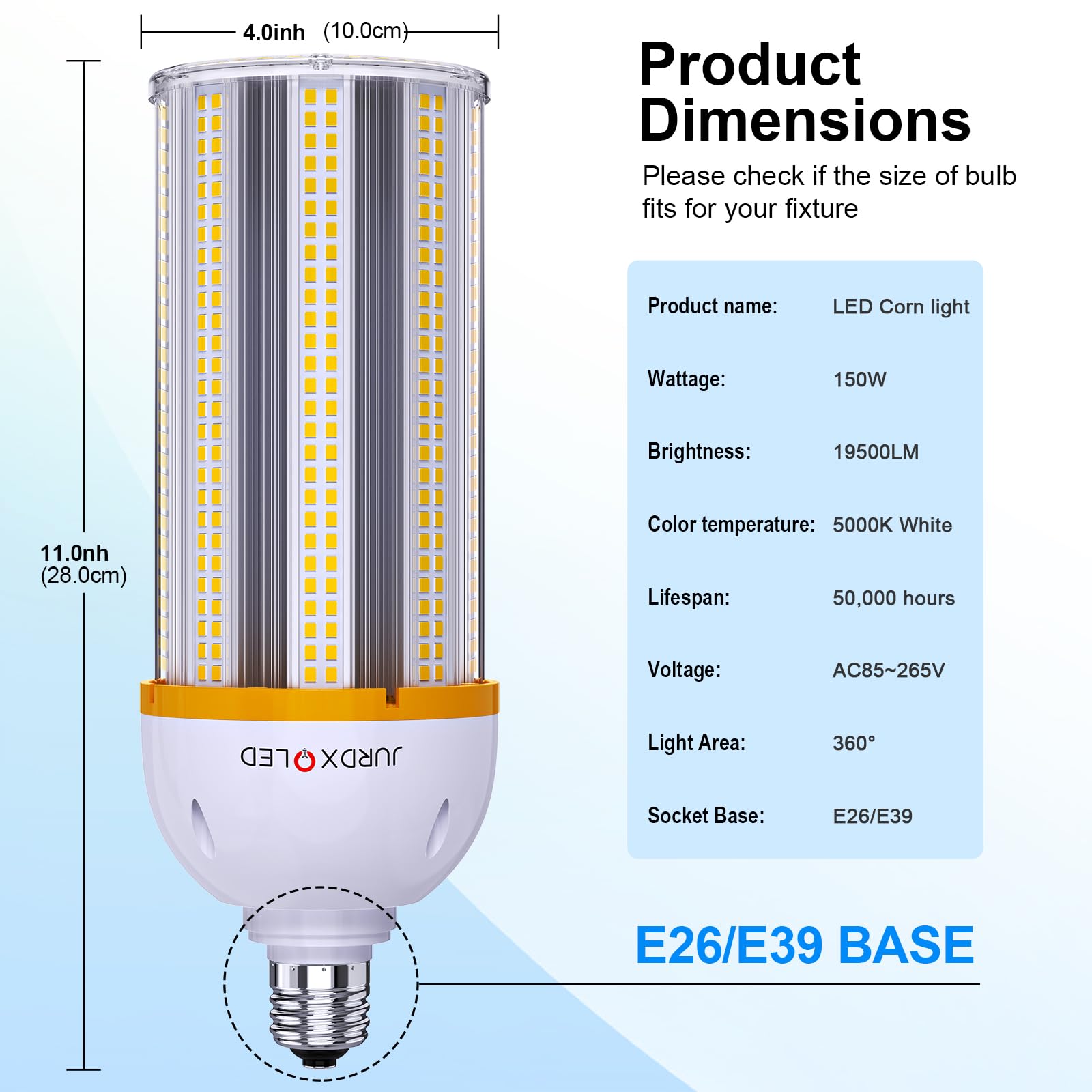 Jurdxled 2Pack Led Light Bulbs, 150-Watt Replacement Corn Bulb, E39 Base With E40 Adapter,19500Lm Led Light Bulb For Garage Ware