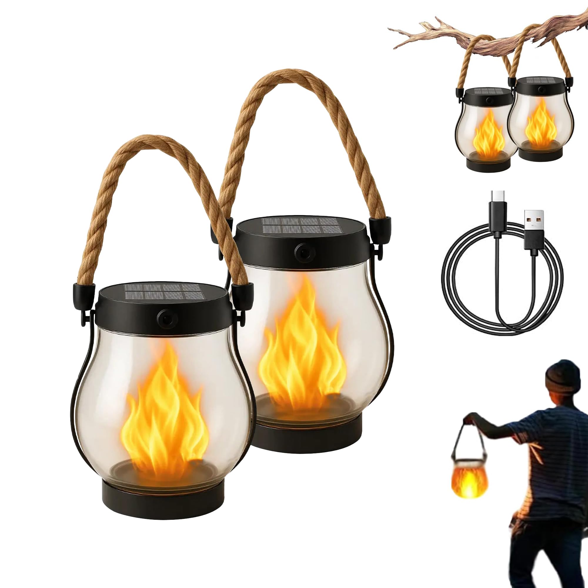 Kaliqo Solar Lantern Outdoor Lights - Waterproof Solar-Powered & Usb Rechargeable Outdoor Lantern With Realistic Flickering 3D Flame  Boho Rope Design  Dancing Flame Light For Patio  Yard (2 Pcs)