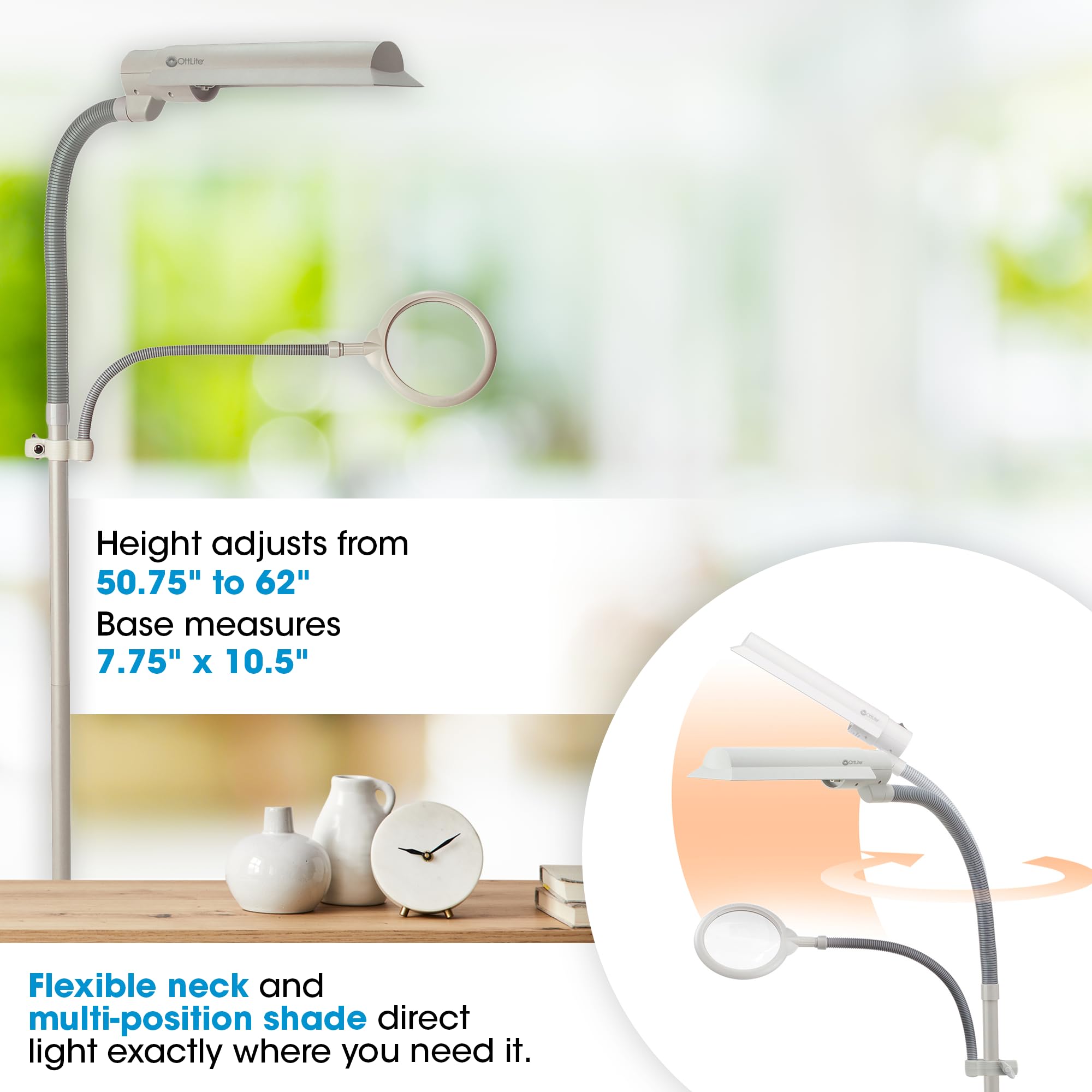 OttLite 18w Floor Lamp with 3X Magnifier, Flexible Neck, Dove Grey, Model W9437T-SHPR, Ideal for Crafting, Sewing, and Reading