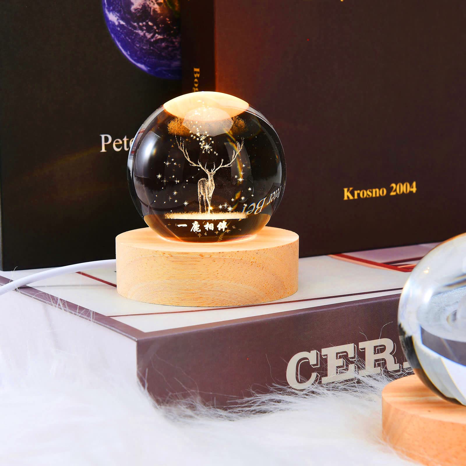 Dniebw 3D Deer Forest Crystal Ball Night Light For Kids Glass Ball Night Lamp With Wooden Base Fantasy Decoration Crsytal Ball Deer Forest Led Galaxy Planet Nightlight Bedroom Decor