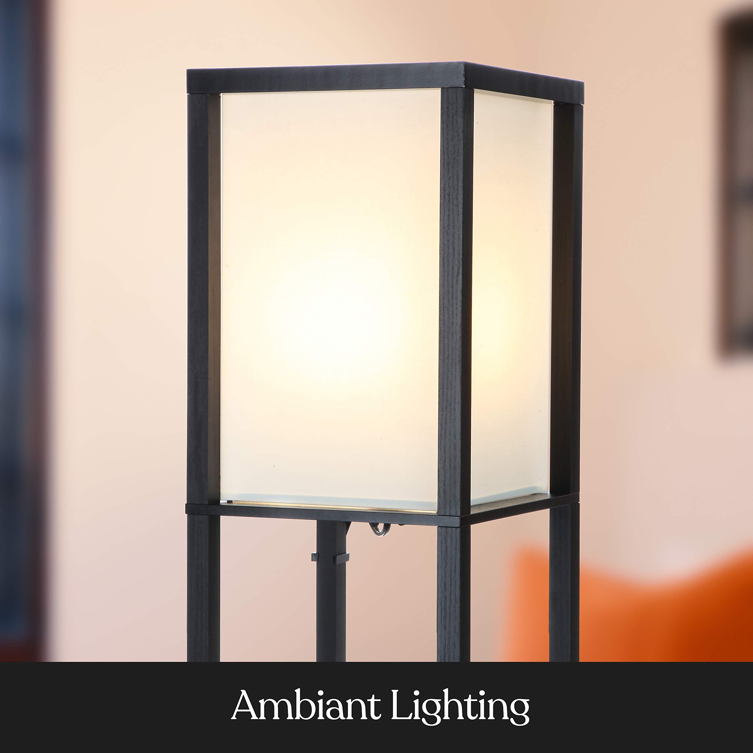 Brightech Maxwell Modern Shelf Floor Lamp with USB Ports & Wireless Charging - Black, Wood, Versatile Storage Solution for Living Room, Office, Bedroom